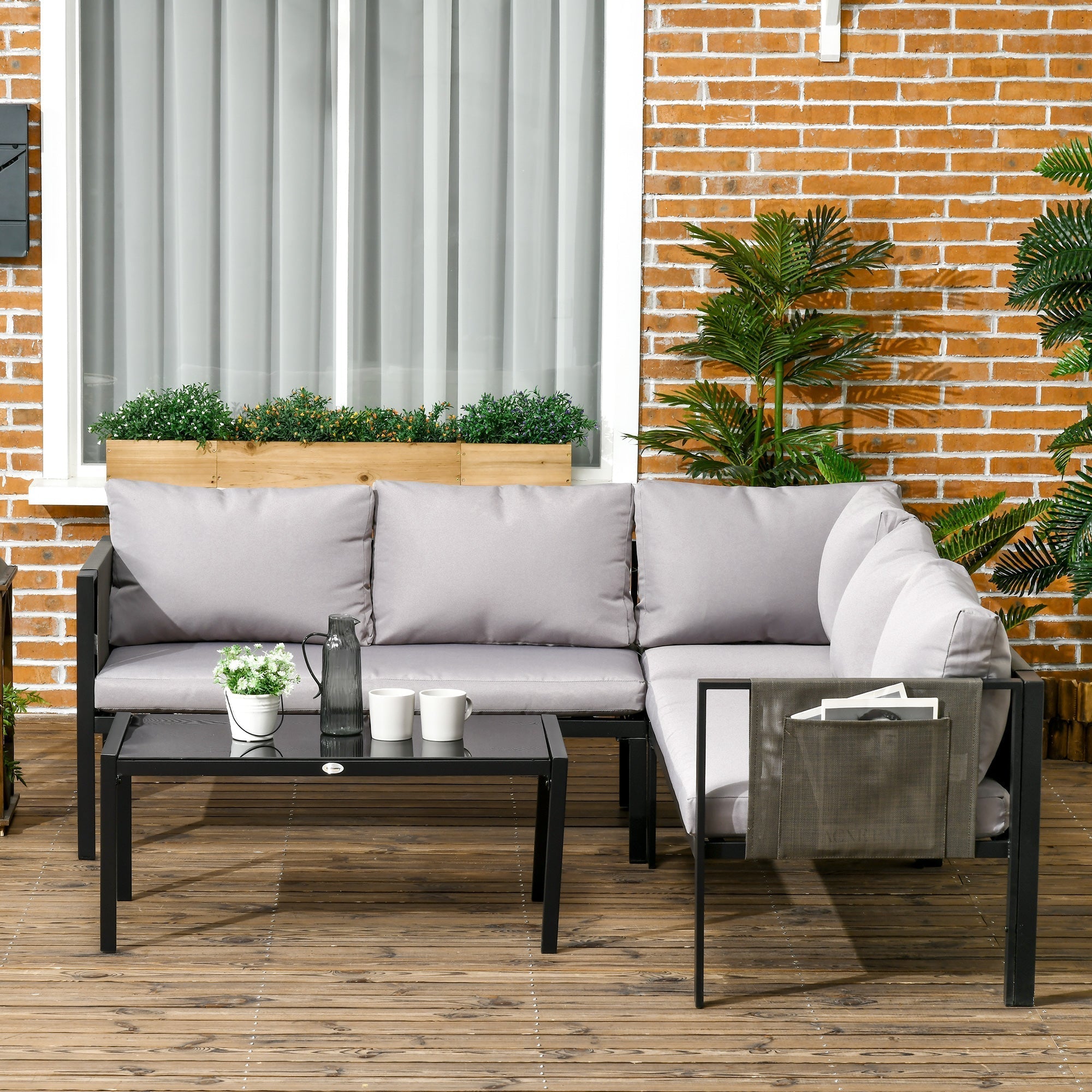 Outsunny 5 Seater Garden Corner Sofa Set, 4 Pieces Metal Garden Furniture Set with Loveseats, Glass Top Coffee Table, Breathable Mesh Pocket, Outdoor Conversation Furniture with Cushions, Light Grey