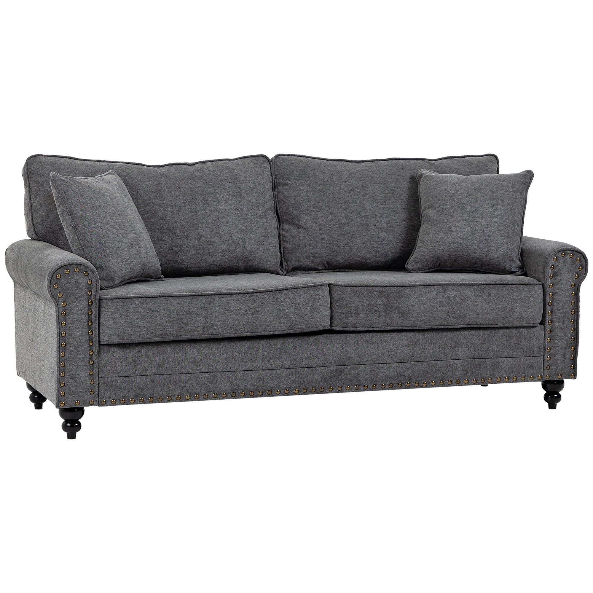 HOMCOM 3 Seater Sofa, Fabric Couch with Rubber Wood Legs, 3 Seater Settee with Extra Padded Cushions and Pillows for Living Room, 196W x 80.5D x 89H cm, Grey
