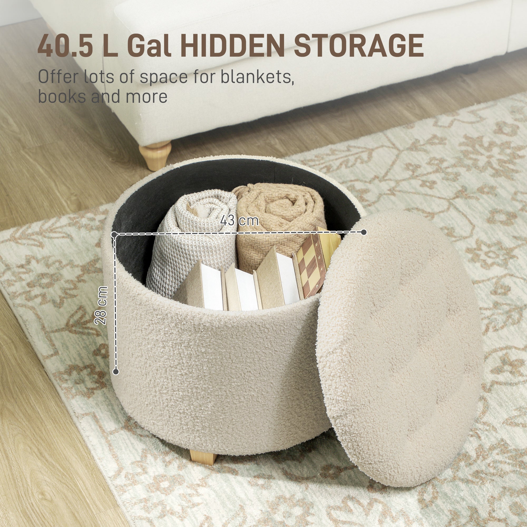 HOMCOM 40.5L Teddy Fleece Storage Ottoman - Cream White