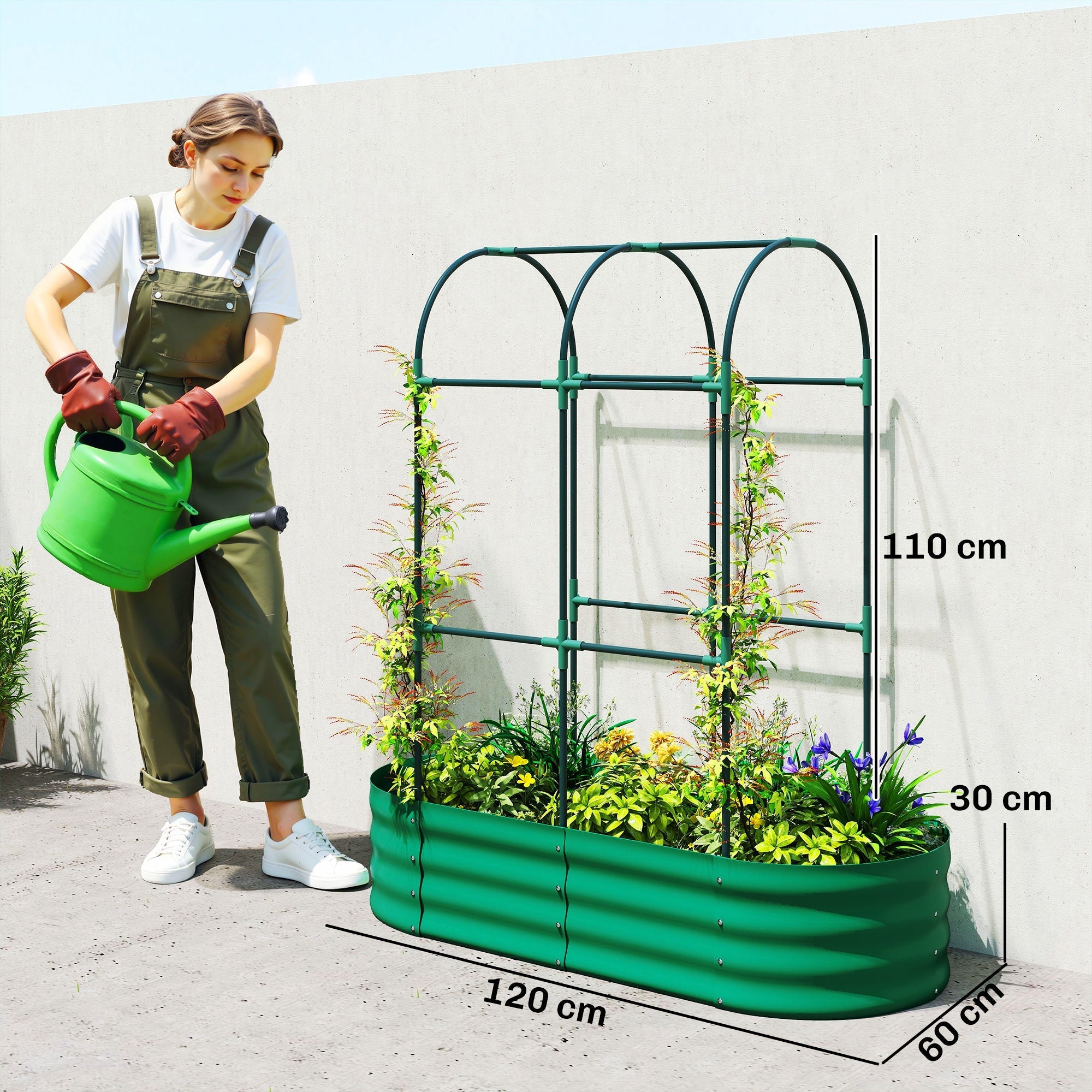 Outsunny Galvanised Raised Garden Bed with Arched Trellis, 4 x 2 x 4.6ft Metal Raised Bed for Garden with Open Bottom, Green