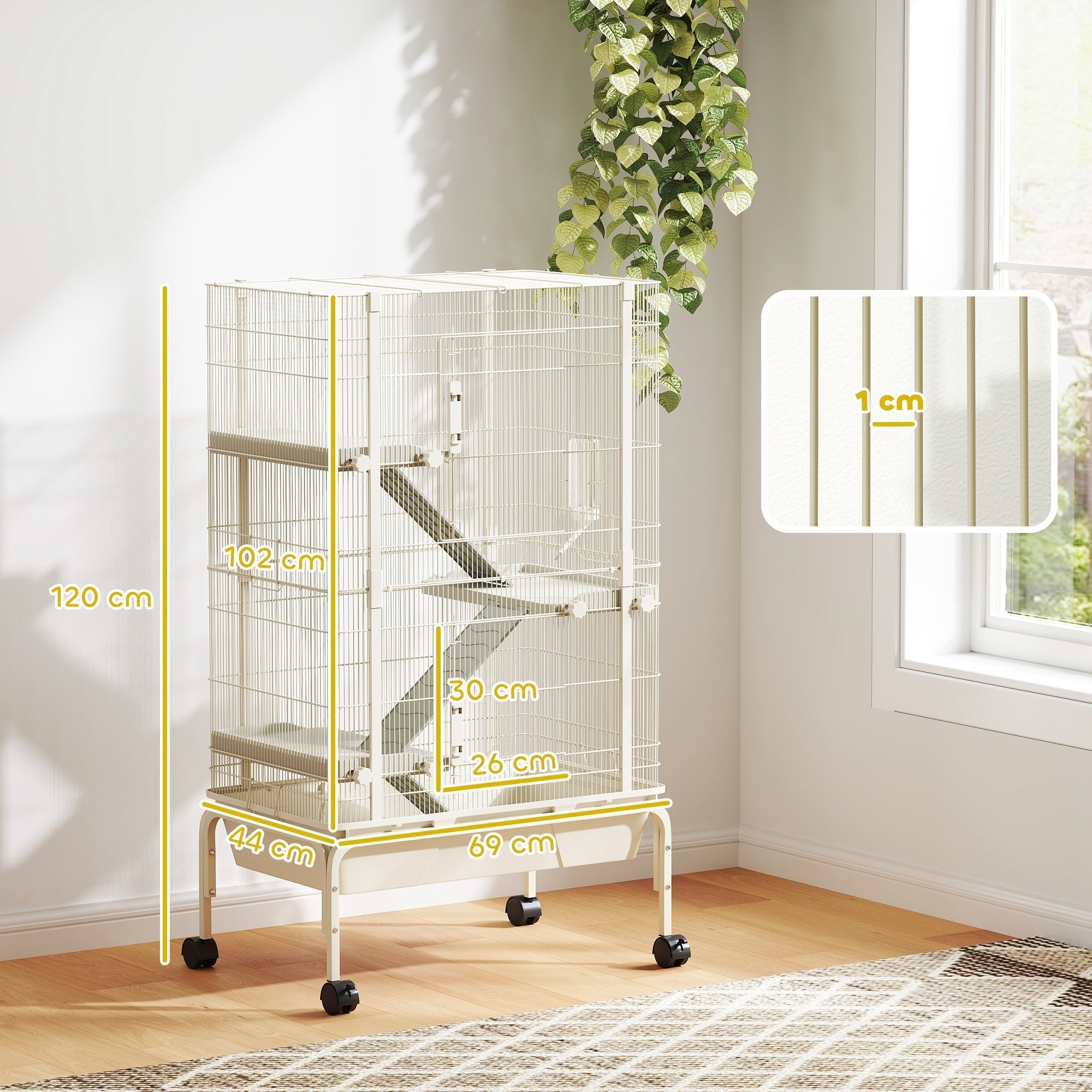 PawHut 4-Level Rolling Small Animal Cage, Rabbit Cage with 3 Ramps, Water Bottle, Food Dish, 15cm Deep Tray, Beige