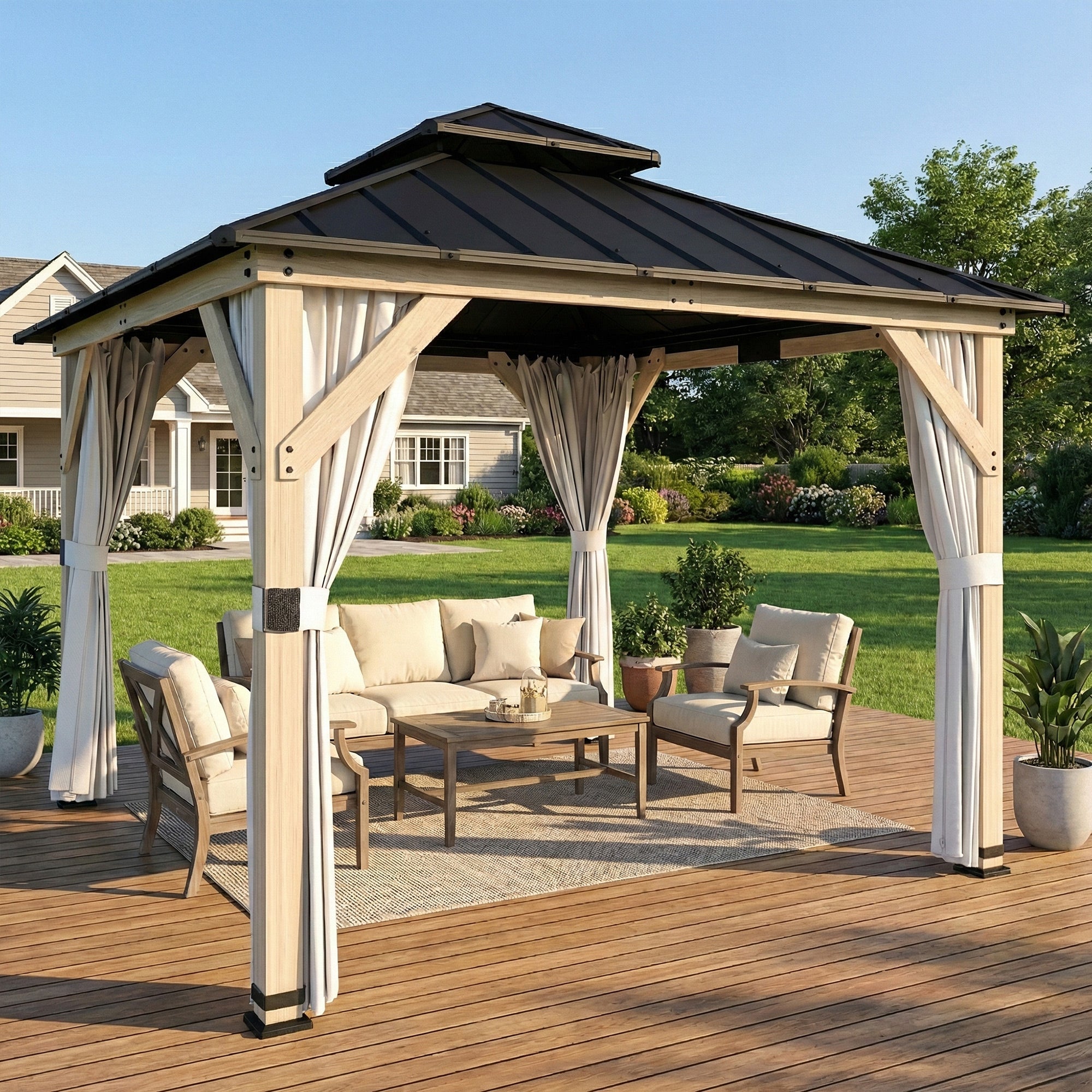 Outsunny 3 x 3 m Outdoor Hardtop Gazebo Canopy with 2-Tier Steel Roof, Wood Garden Gazebo with Curtains, Light Grey