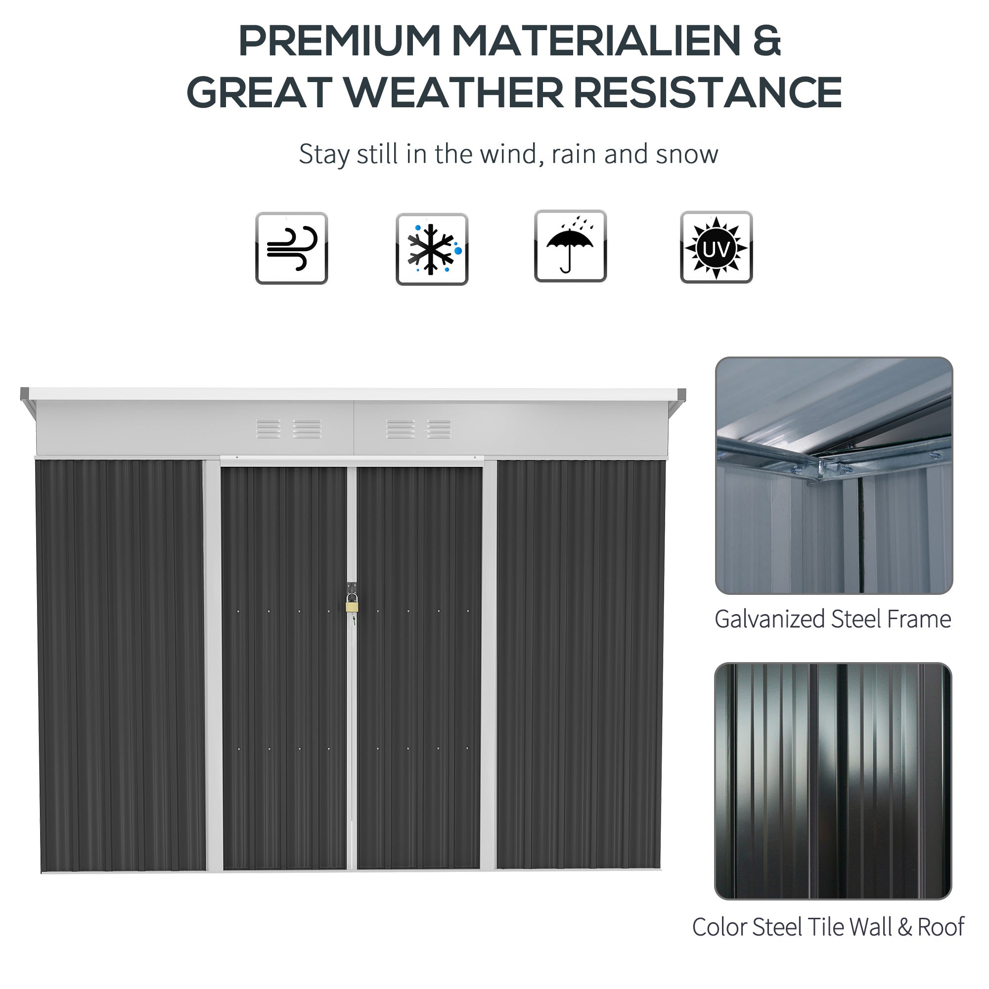 Outsunny 7.6 x 4.3ft Garden Storage Shed with Lockable Sliding Doors and Ventilation, Metal Garden Tool Storage House, Dark Grey