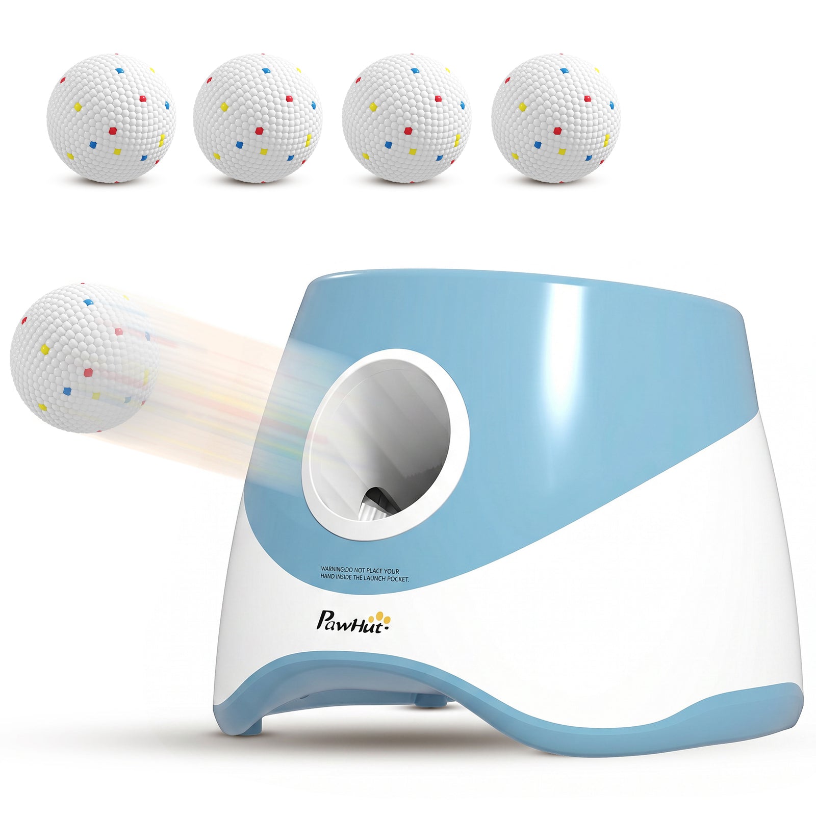 PawHut Automatic Dog Ball Launcher with 5 ETPU Balls 5.8 cm, 3 Distance Settings 6/10/14 m, Blue