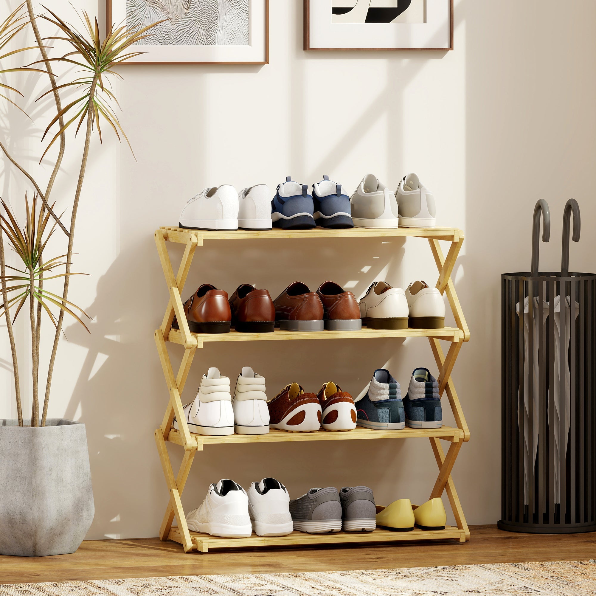HOMCOM Four-Tier Folding Bamboo Shoe Rack - Natural Finish