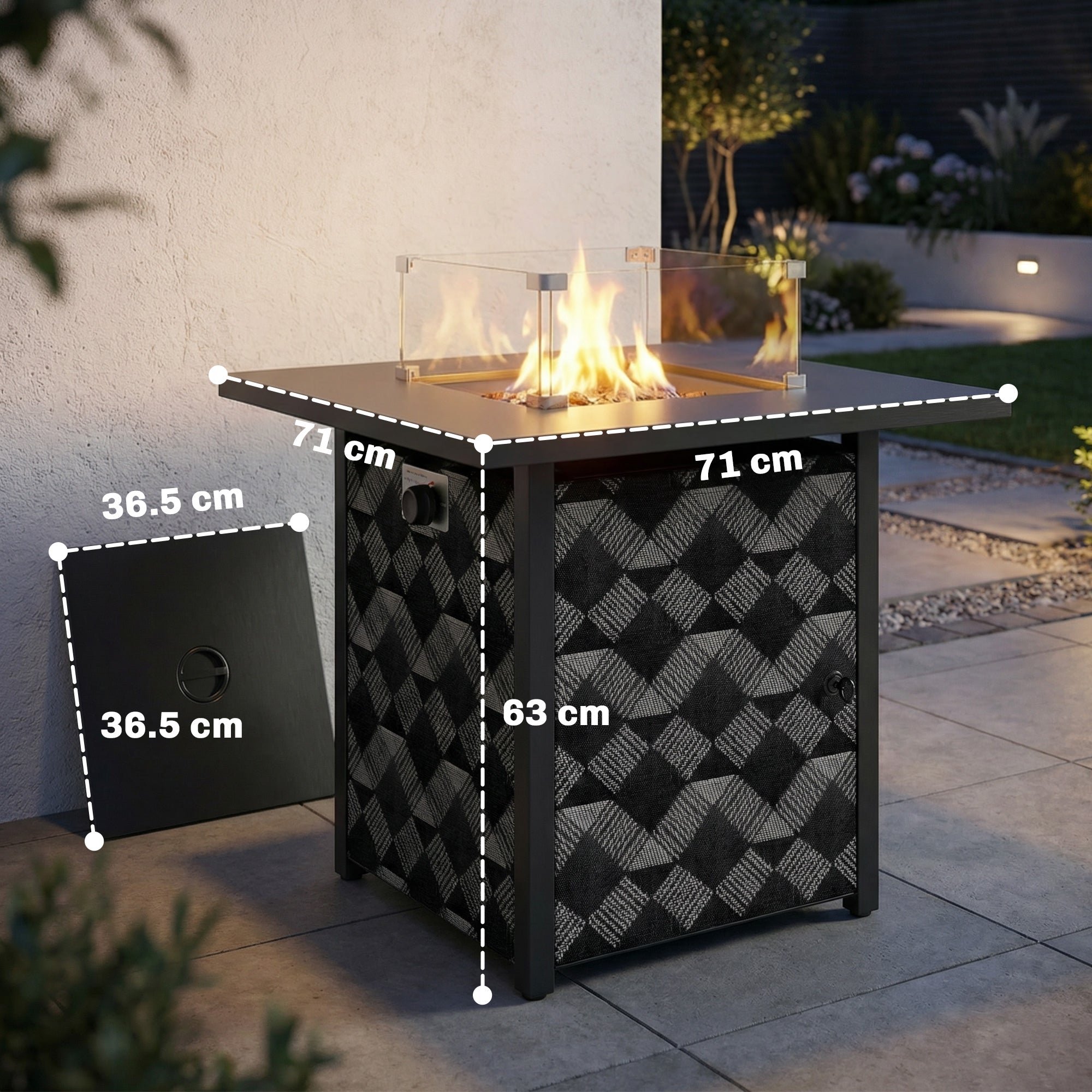 Outsunny Square Propane Gas Fire Pit Table,12 KW Firepit Outdoor Patio Heater with Glass Wind Guard, Lava Rocks, Gas Tank Holder