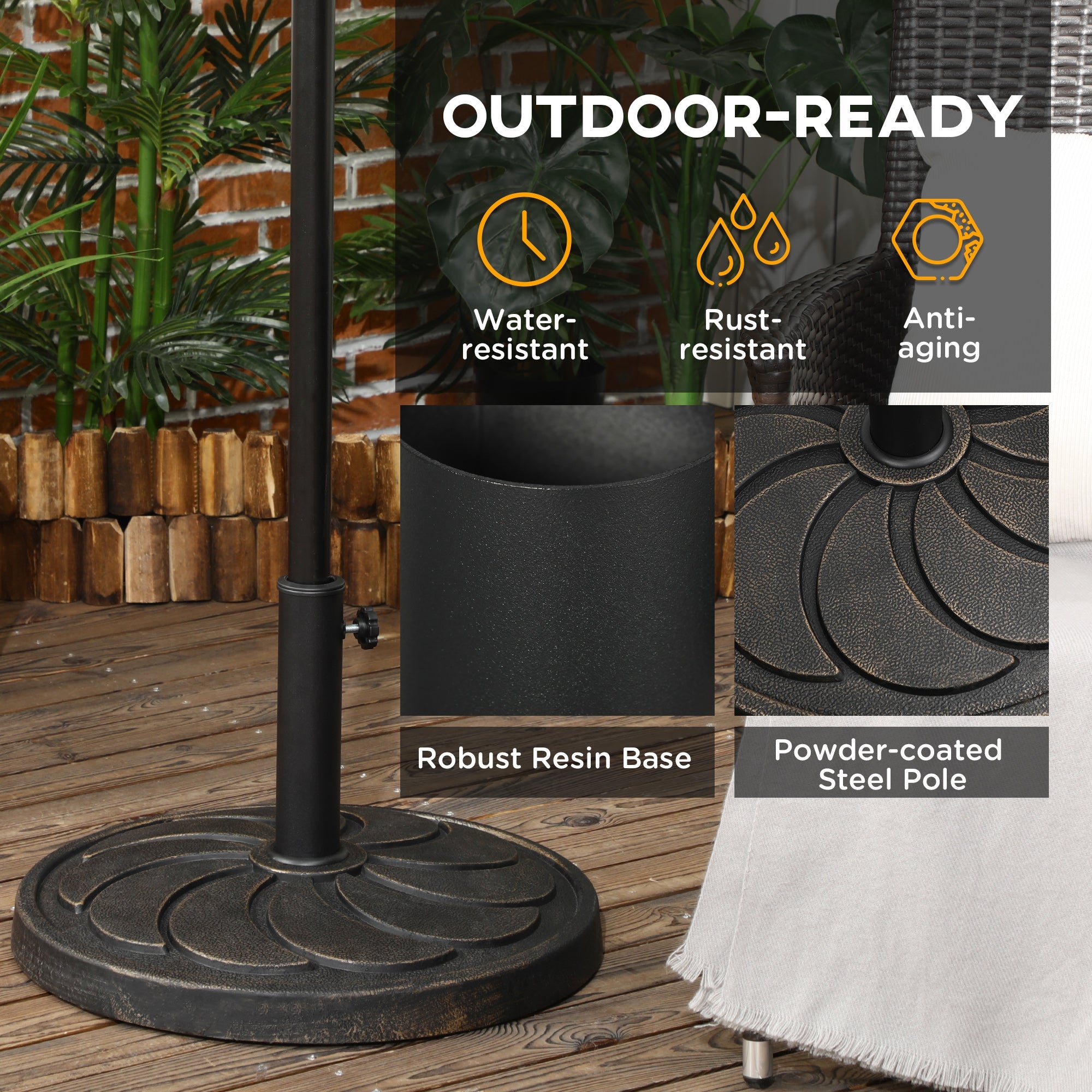 Outsunny 18kg Resin Garden Parasol Base, Round Outdoor Market Umbrella Stand Weight for Poles of Î¦38mm to Î¦48mm, Bronze