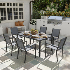 Outsunny 7 Piece Garden Dining Set, Outdoor Furniture Set with 6 Stackable Chairs and 150 cm Rectangle Table, WPC Slatted Top, Rust-Resistant Steel Frame, for Garden, Porch, Terrace