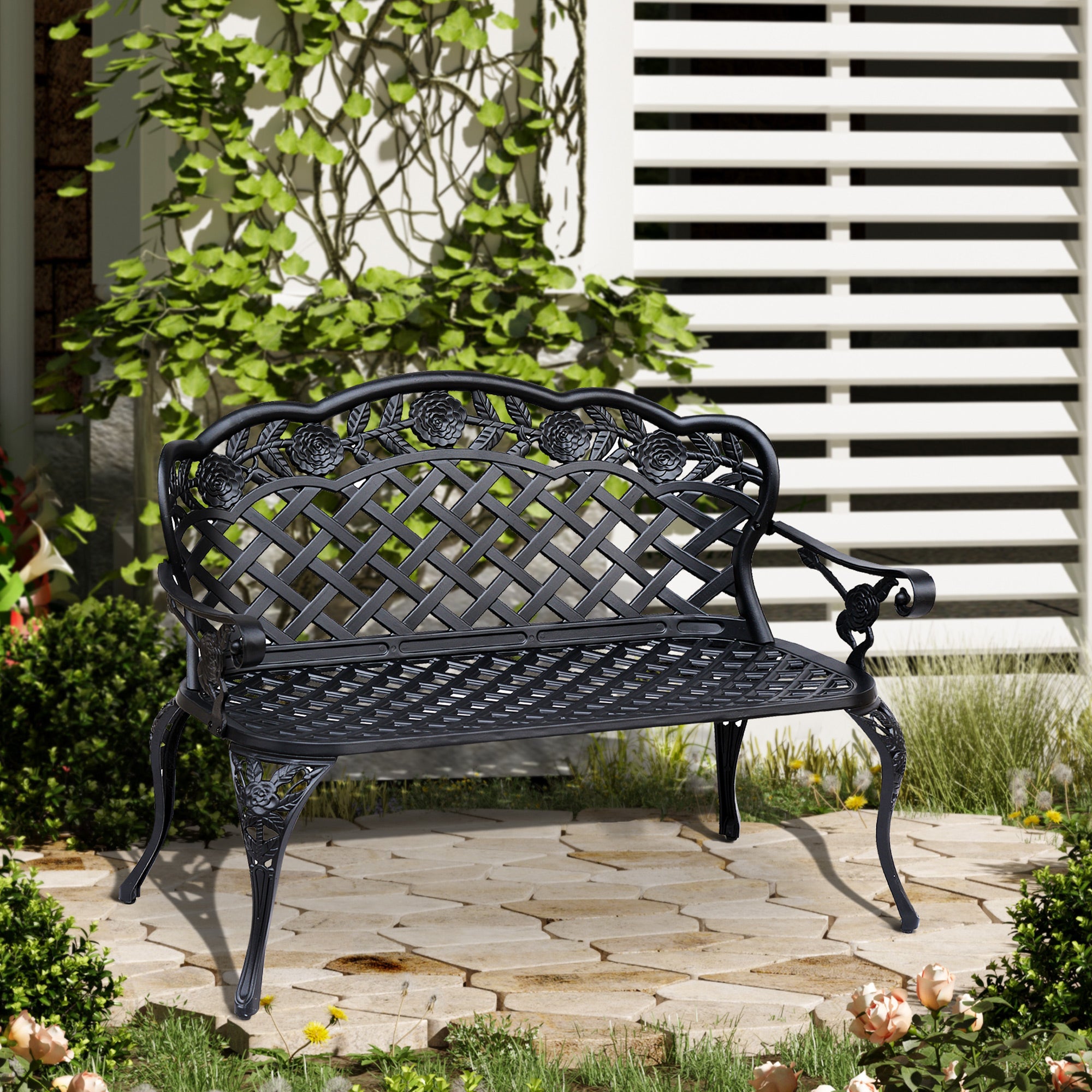 Outsunny Garden Bench, Cast Aluminium, 107Lx58Wx85H cm-Black