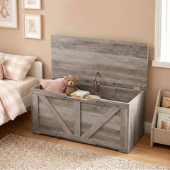 HOMCOM 100L Home Storage Box, with Safety Hinge - Grey Wood-Effect