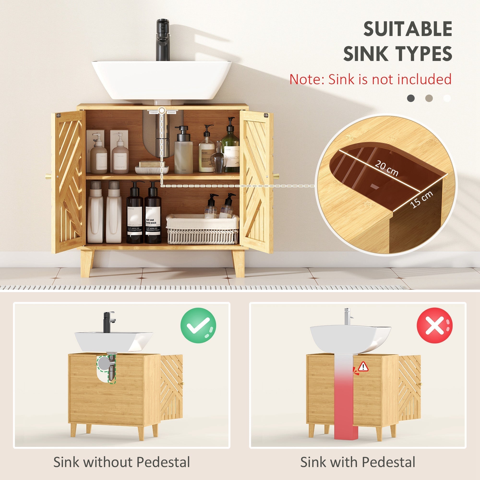 HOMCOM Bamboo Bathroom Under Sink Cabinet with Adjustable Shelf for Basin without Pedestal - Natural