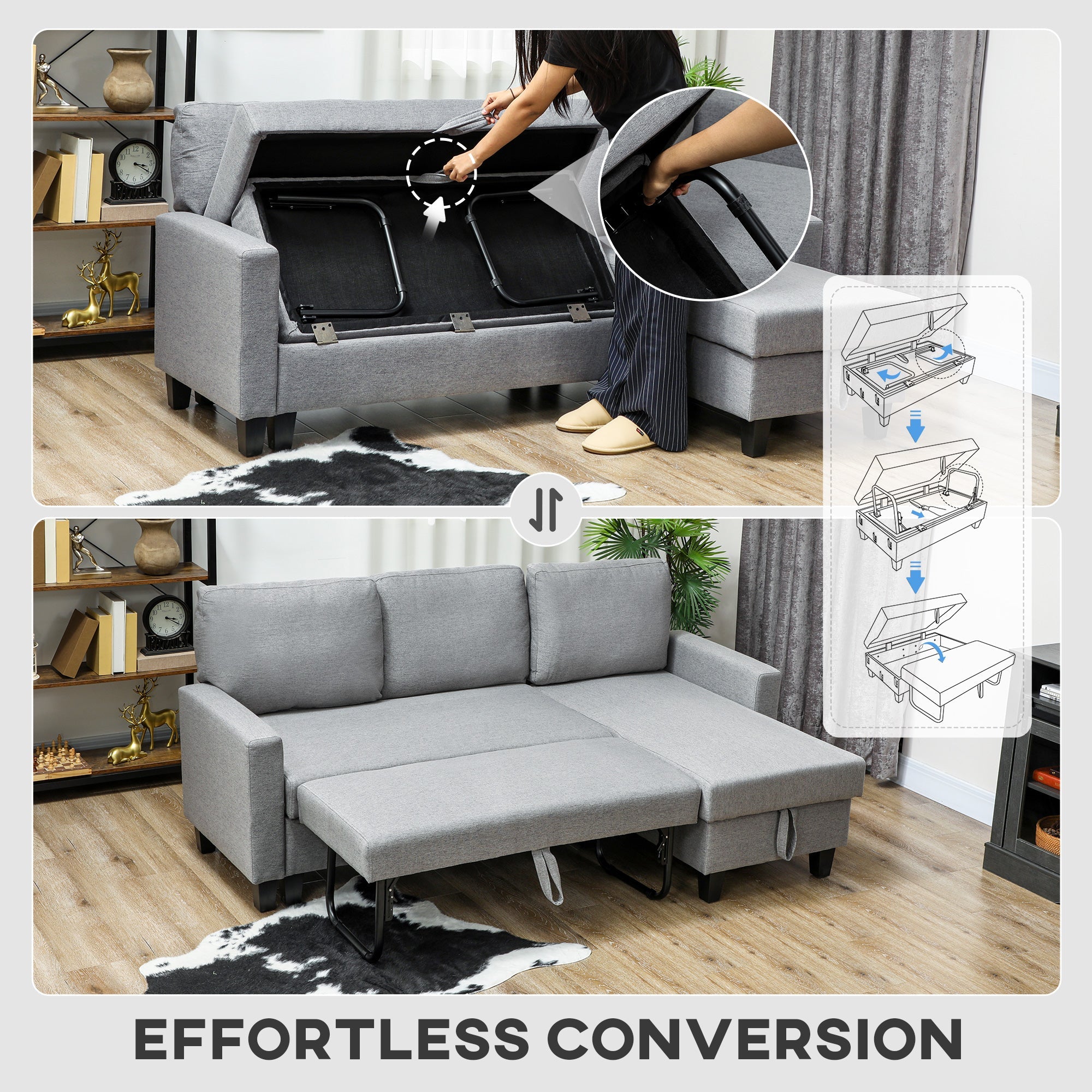 HOMCOM Three-Seater Storage Sofa Bed - Grey