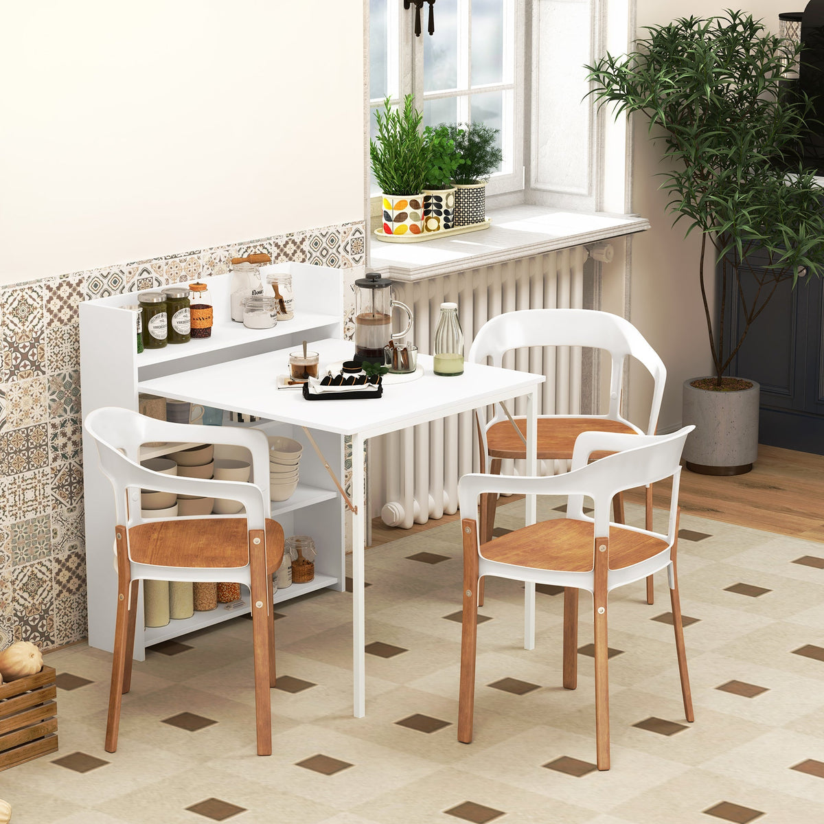 HOMCOM Kitchen Table, Folding Dining Table, with 4-Tier Shelves, Modern Drop-Leaf Table, White