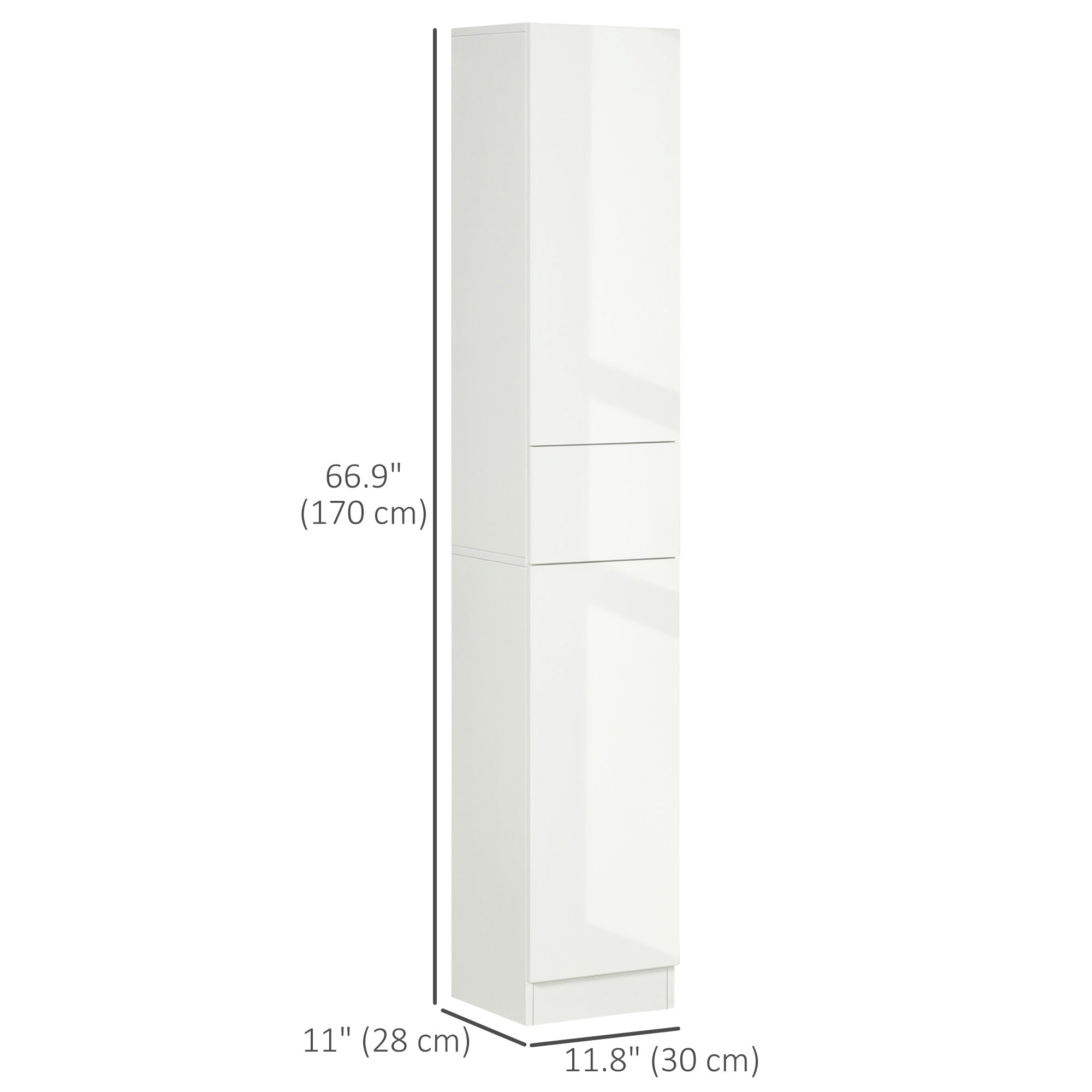 kleankin Tall Bathroom Cabinet with Adjustable Shelves, High Gloss Storage Cupboard, Freestanding Tallboy with Storage Drawer, White