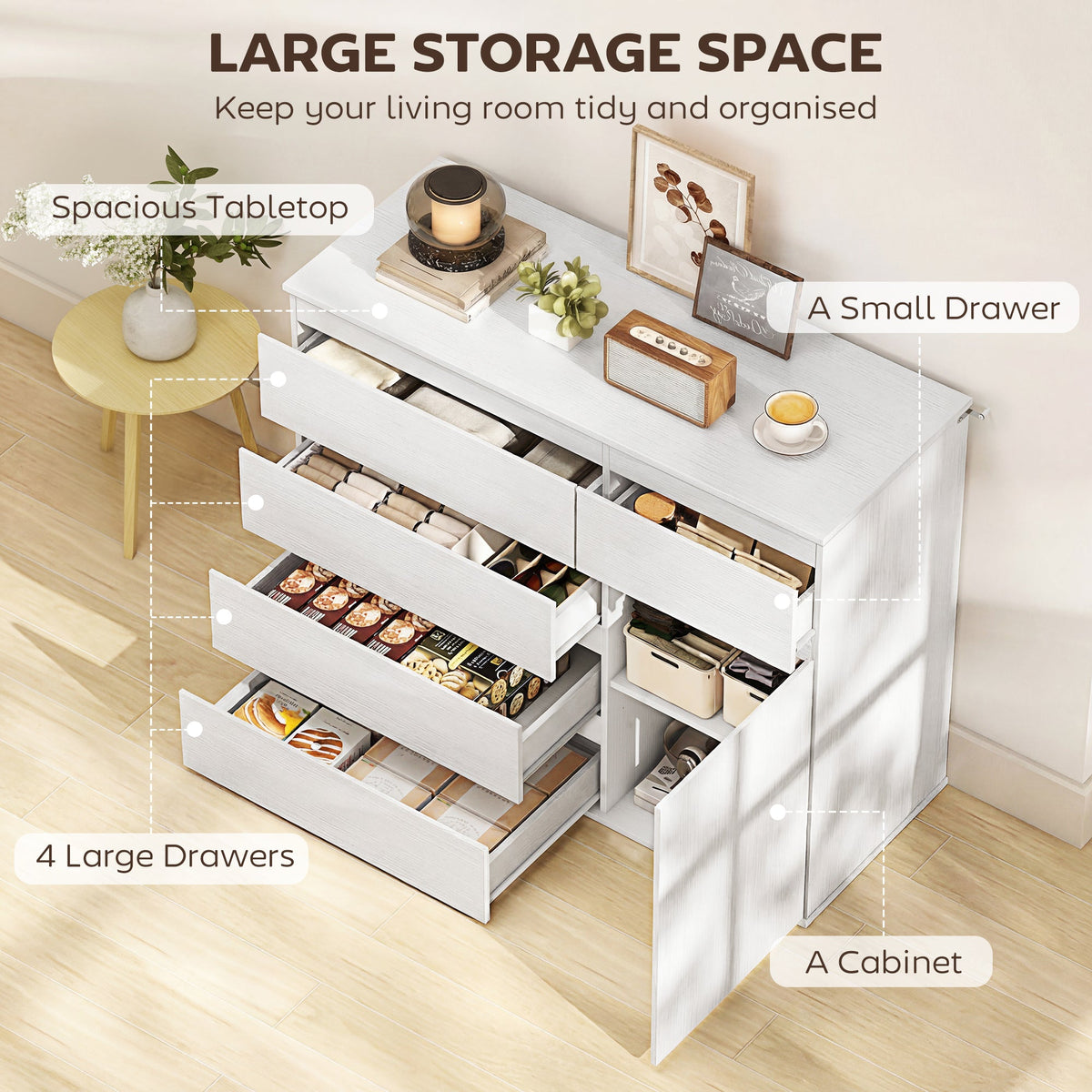 HOMCOM Modern Chest Of Drawers, 5 Drawer Dresser with Adjustable Shelf, Soft-Close Door, White
