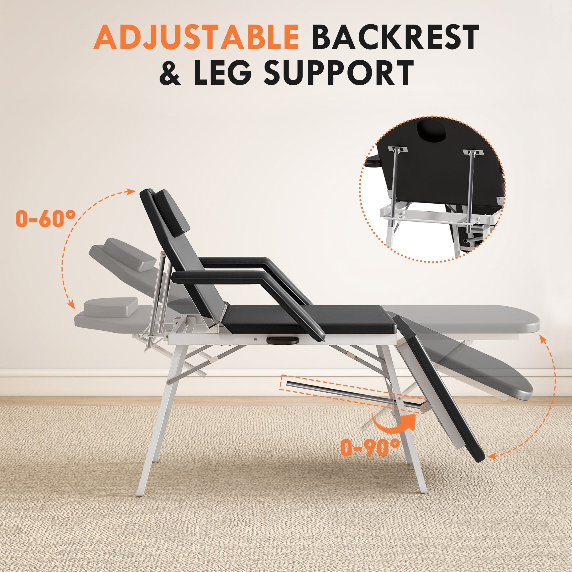 HOMCOM Portable Massage Table, 3 Section Adjustable Beauty Bed, Foldable Massage Bed with Face Hole, Recliner Chair with Removable Headrest and Armrests for Spa, Lash, Tattoo, Black