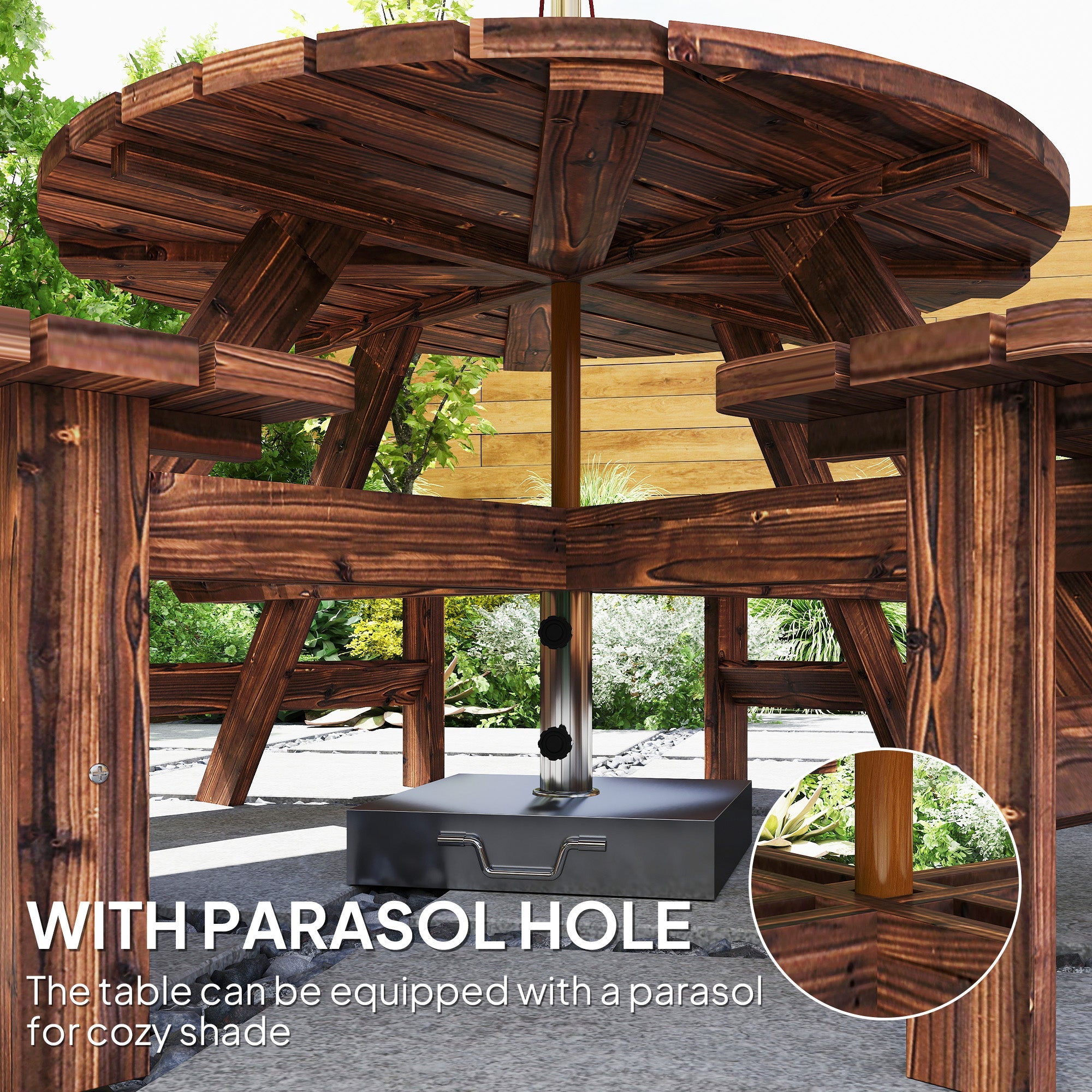 Outsunny Wooden Garden Dining Set, 8 Seater Patio Furniture Set with Round Picnic Table, Parasol Hole for Outdoor Garden, Tan