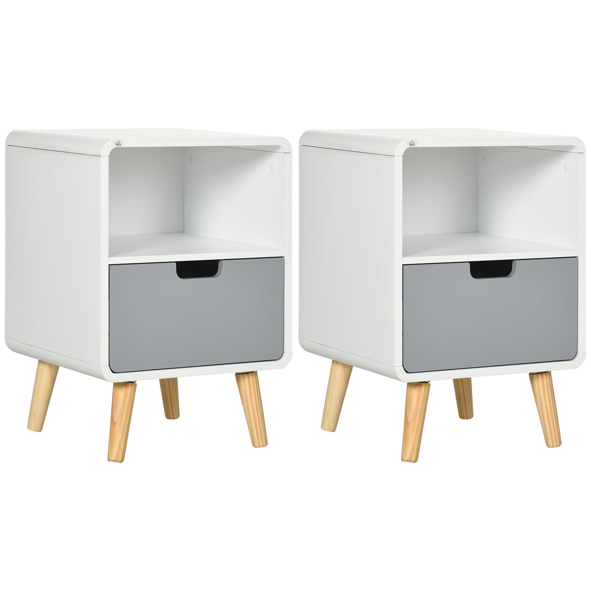 HOMCOM Wooden Bedside Table End Nightstand With Drawer Wood Lamp Desk Storage Unit Bedroom Scandinavian Nordic Style, Set of 2