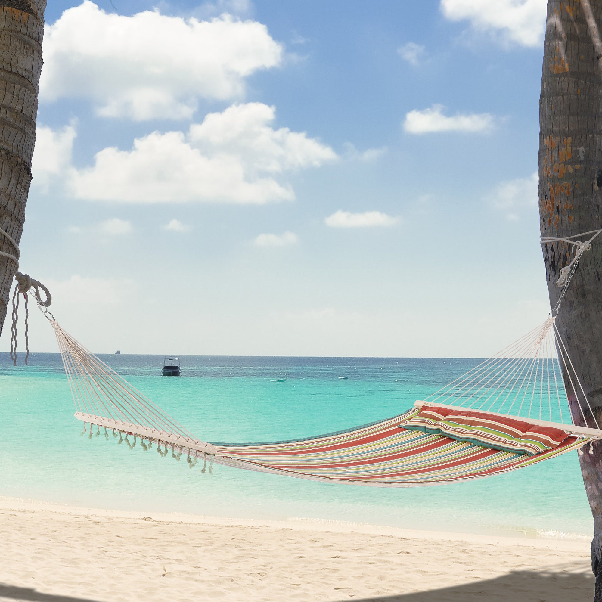 Outsunny Double Cotton Hammock Camping Swing Outdoor Garden Beach Stripe Hanging Bed with Pillow, 188 x 140 cm, 180 KG Capacity, Red