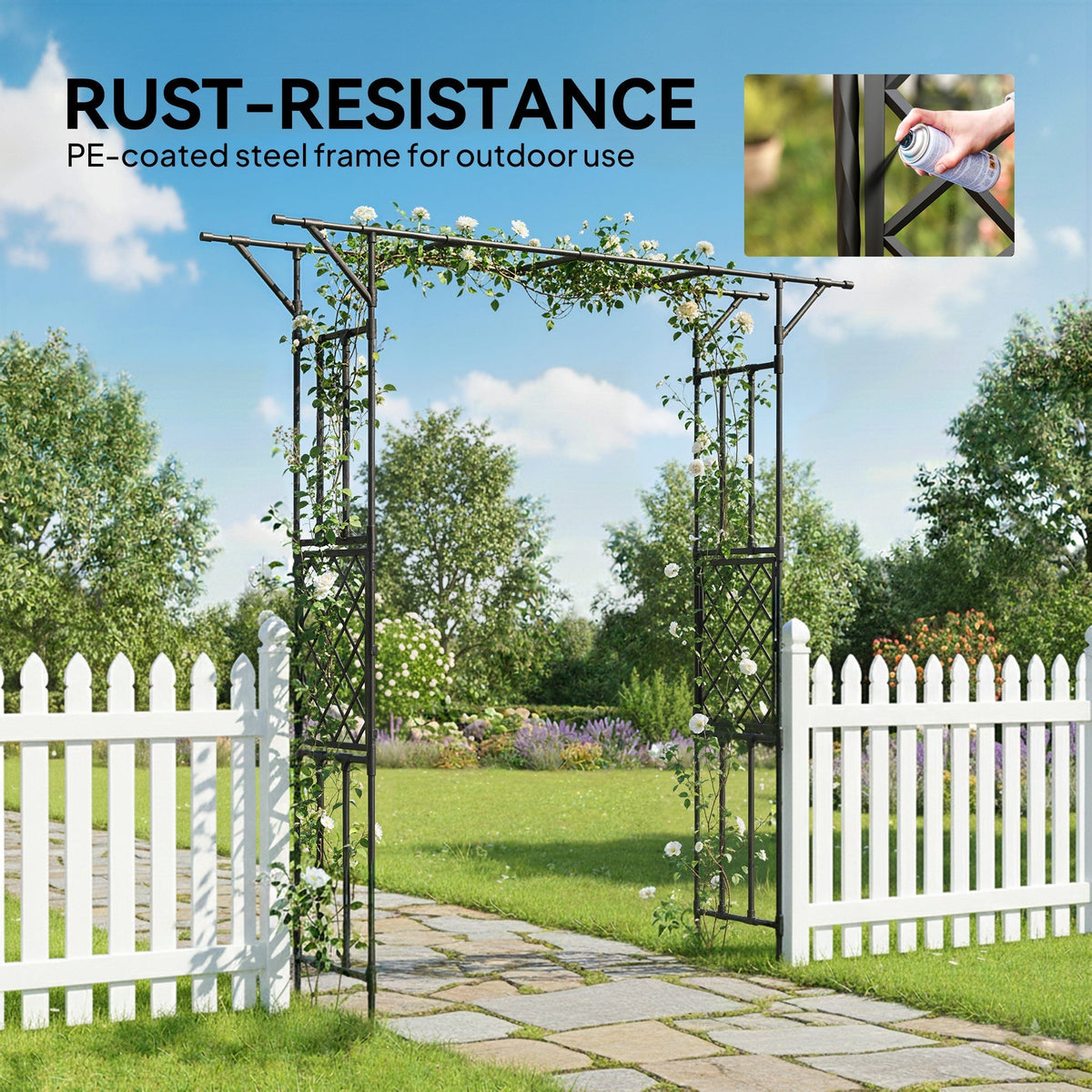 Outsunny Garden Arch, PE-Coated Steel Arbour Trellis for Climbing Plants, Rose Arch, 180 x 40 x 215 cm, Black