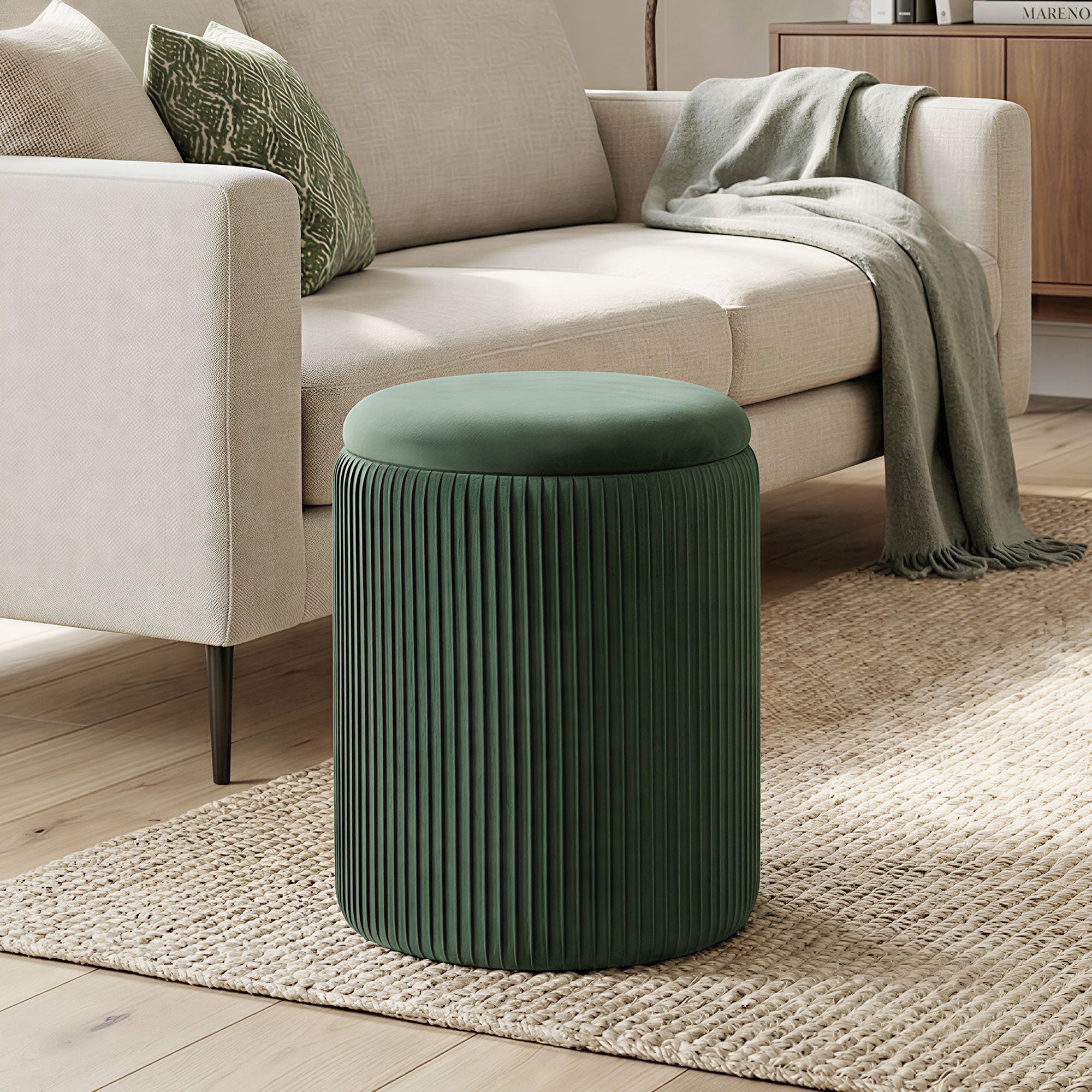 HOMCOM Storage Ottoman Modern Velvet Round Foot Stool for Living Room Bedroom 45 cm Dark Green