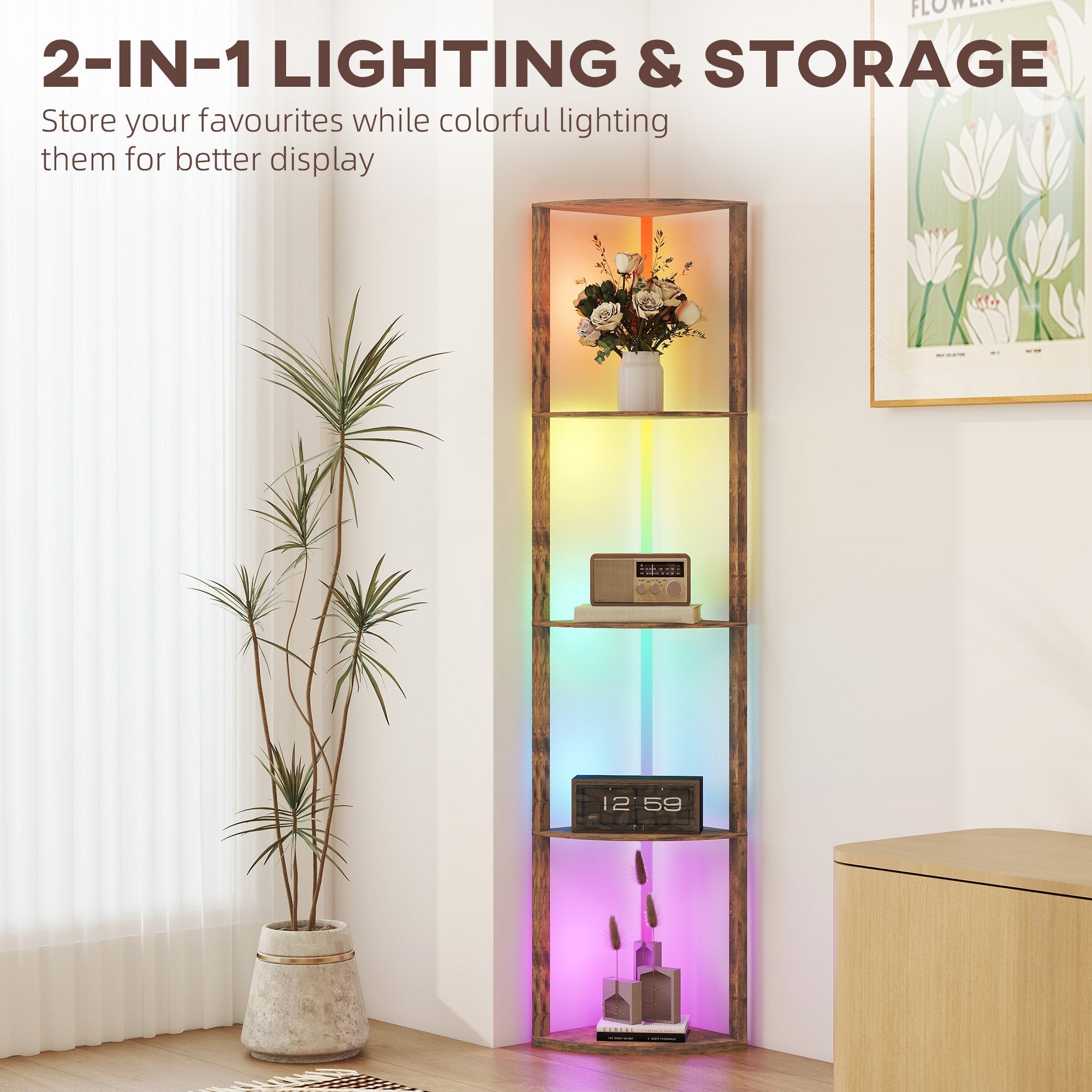 HOMCOM RGB LED Floor Lamp with Shelves, 5-Tier Dimmable Standing Lamp with Adjustable Brightness and Remote Control, Modern Corner Display Shelf Unit for Living Room Bedroom Office, Rustic Brown