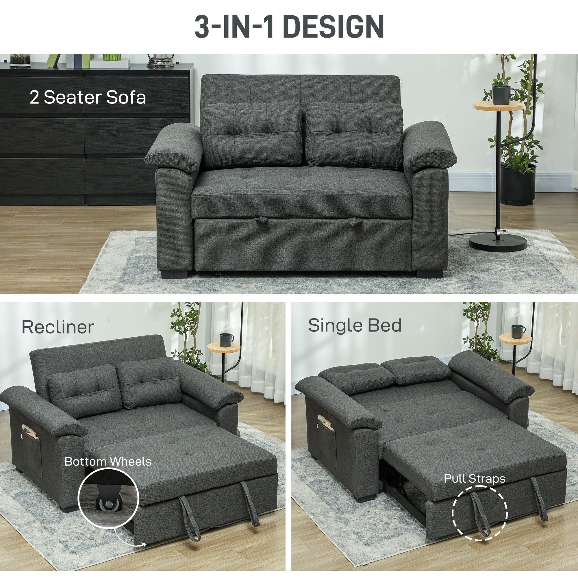 HOMCOM Pull Out Sofa Bed, Fabric 2 Seater Click Clack Sofa Bed Settee with 2 Pocket Springs, Convertible Sofa Couch with Pillows and Side Pockets for Living Room, Home Office, Charcoal Grey