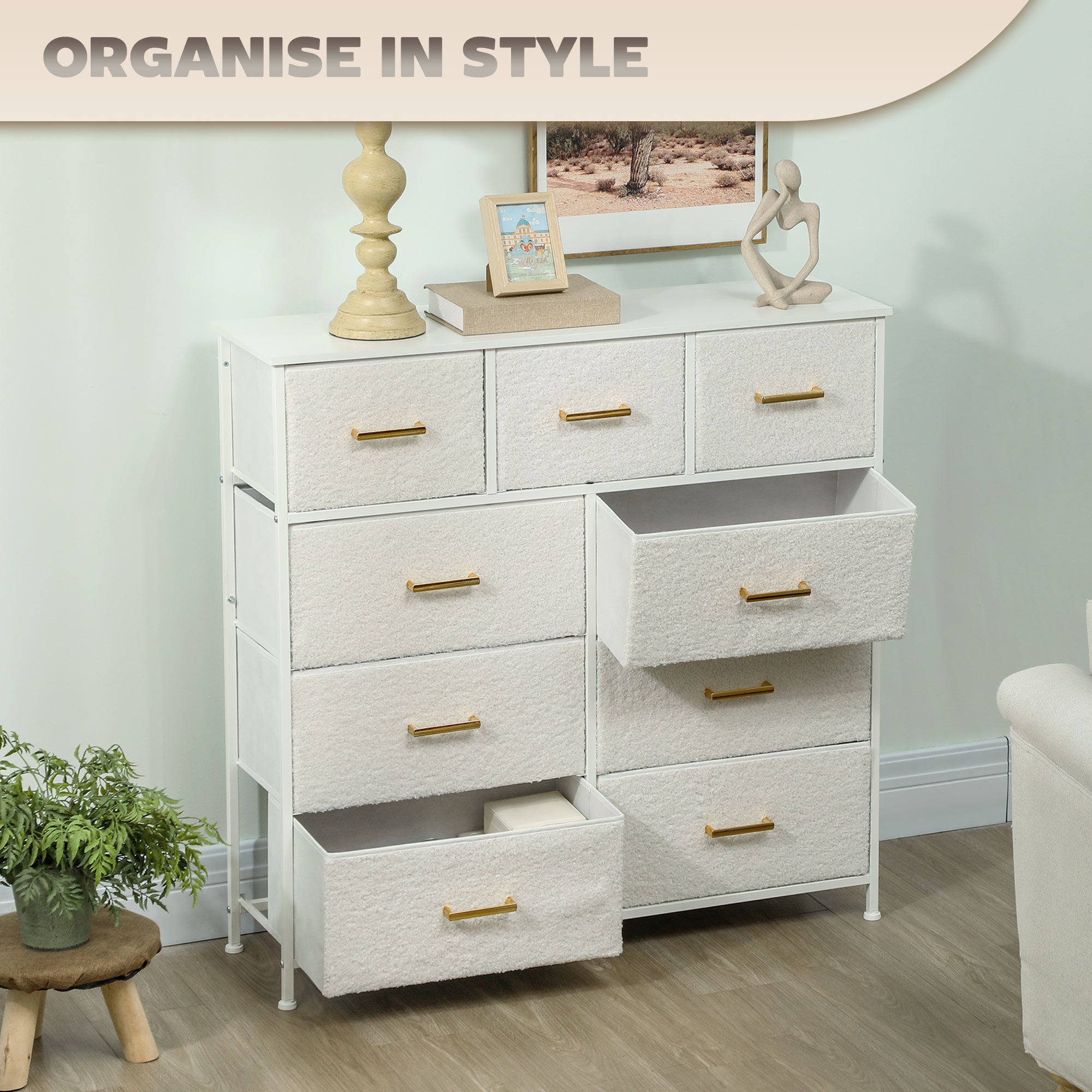 HOMCOM Chest of Drawers with 9 Fabric Drawers, Boucle Storage Organiser with Steel Frame, Fabric Dresser for Bedroom, Living Room, Hallway, Cream White