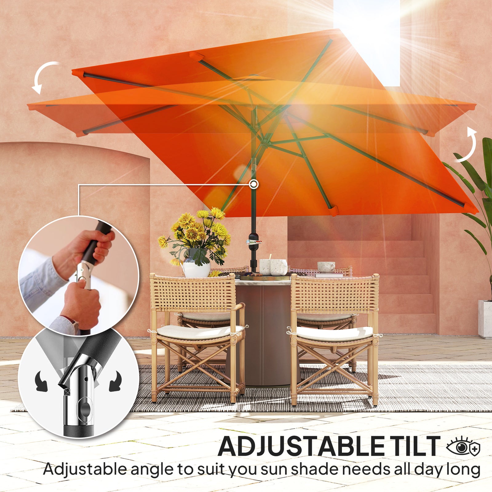 Outsunny 3x2m Garden Parasol Umbrella with Aluminium Pole, Tilt and Crank, Rectangular Outdoor Table Parasol Sun Shade for Patio, Orange