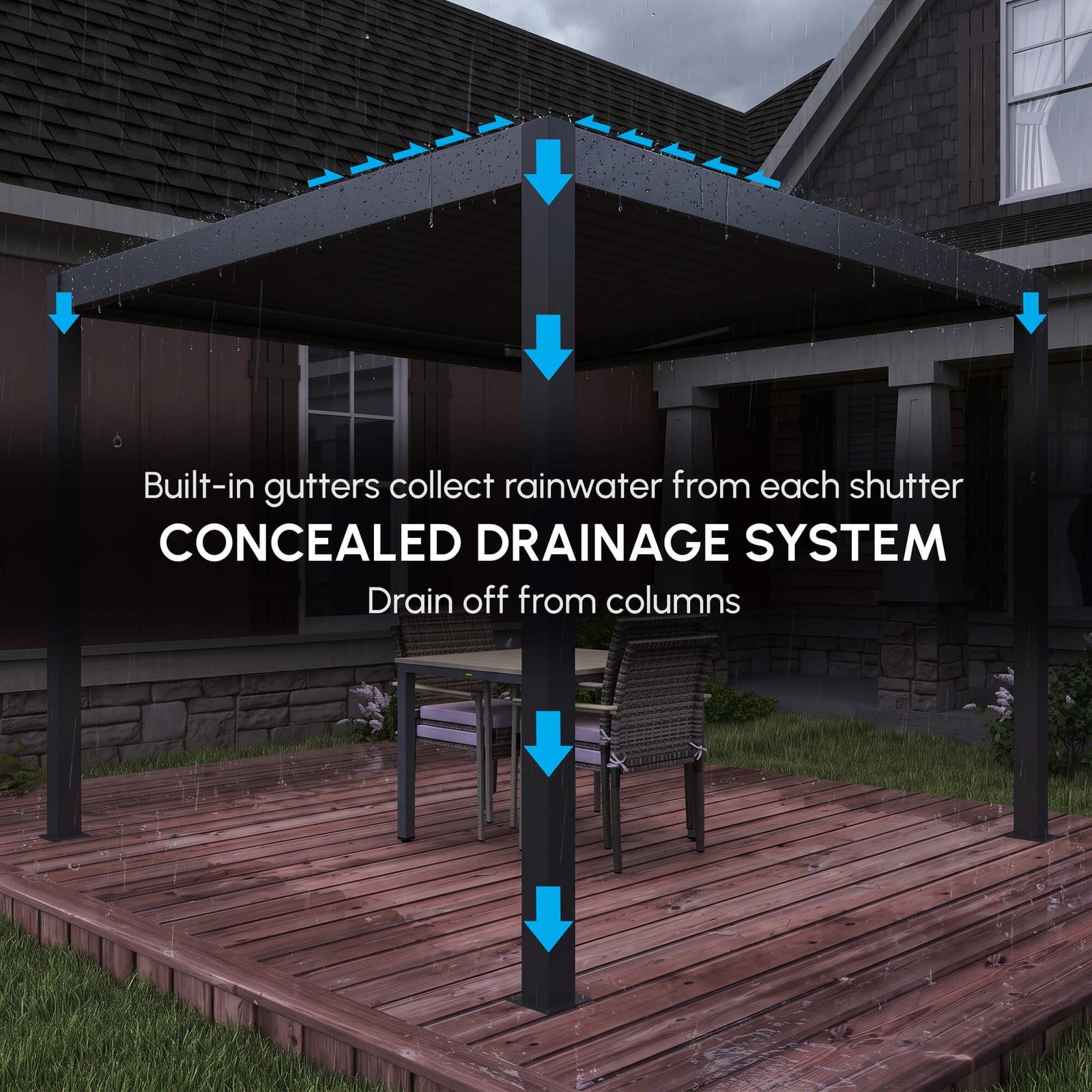 Outsunny 3 x 3(m) Electric Louvered Pergola with LED Lights, Aluminium Pergola Hardtop Gazebo with Remote, Adjustable Roof and Drainage System, Water and UV Proof