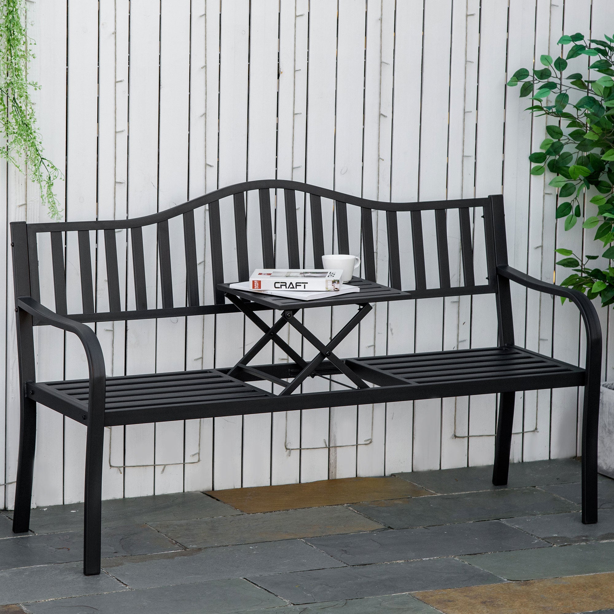 Outsunny Metal Outdoor Bench with Liftable Middle Table, Patio Loveseat, Garden Bench for Garden, Porch, Seats 2â3 People, Black