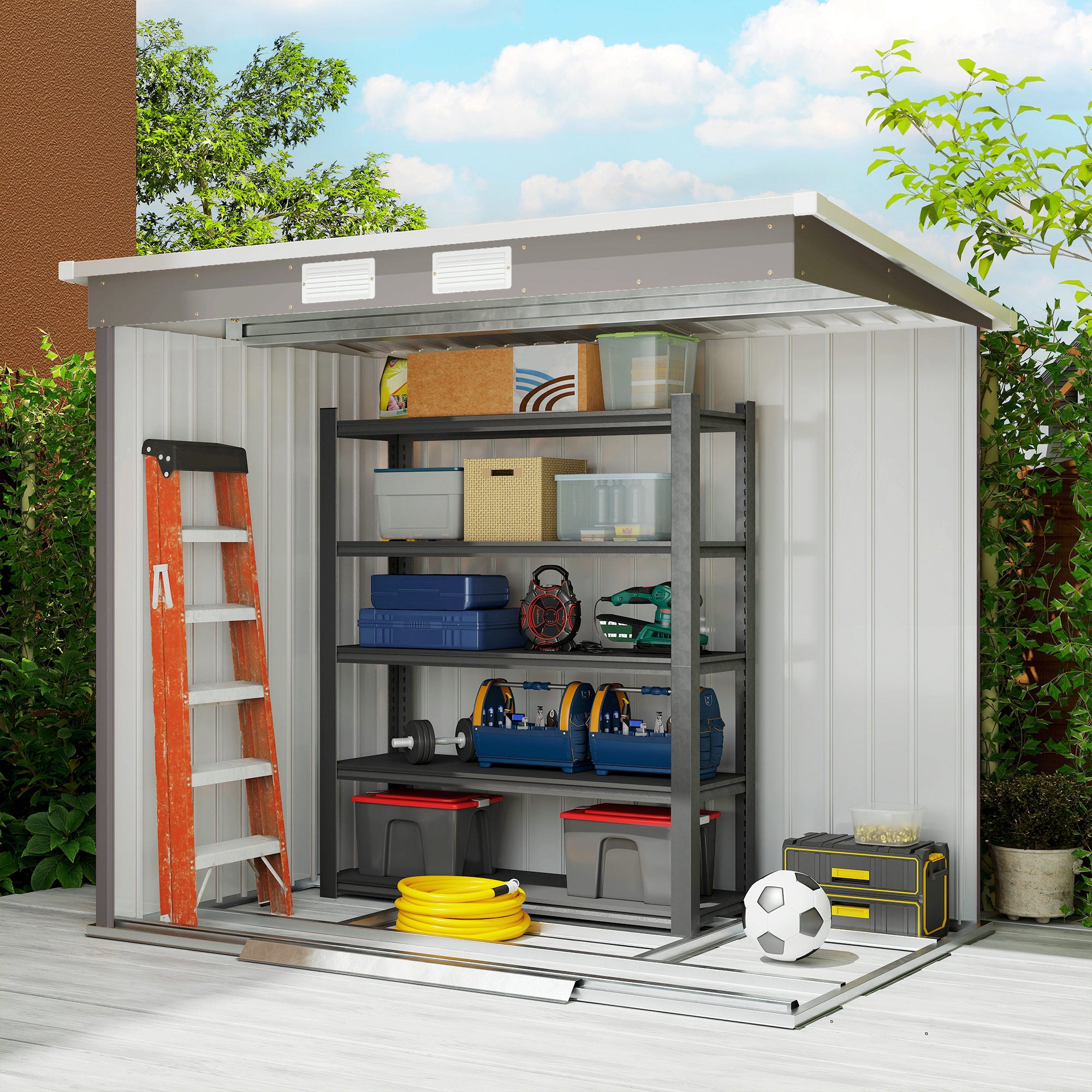 Outsunny 7 x 4ft Galvanised Steel Garden Shed, with Foundation Kit - Grey