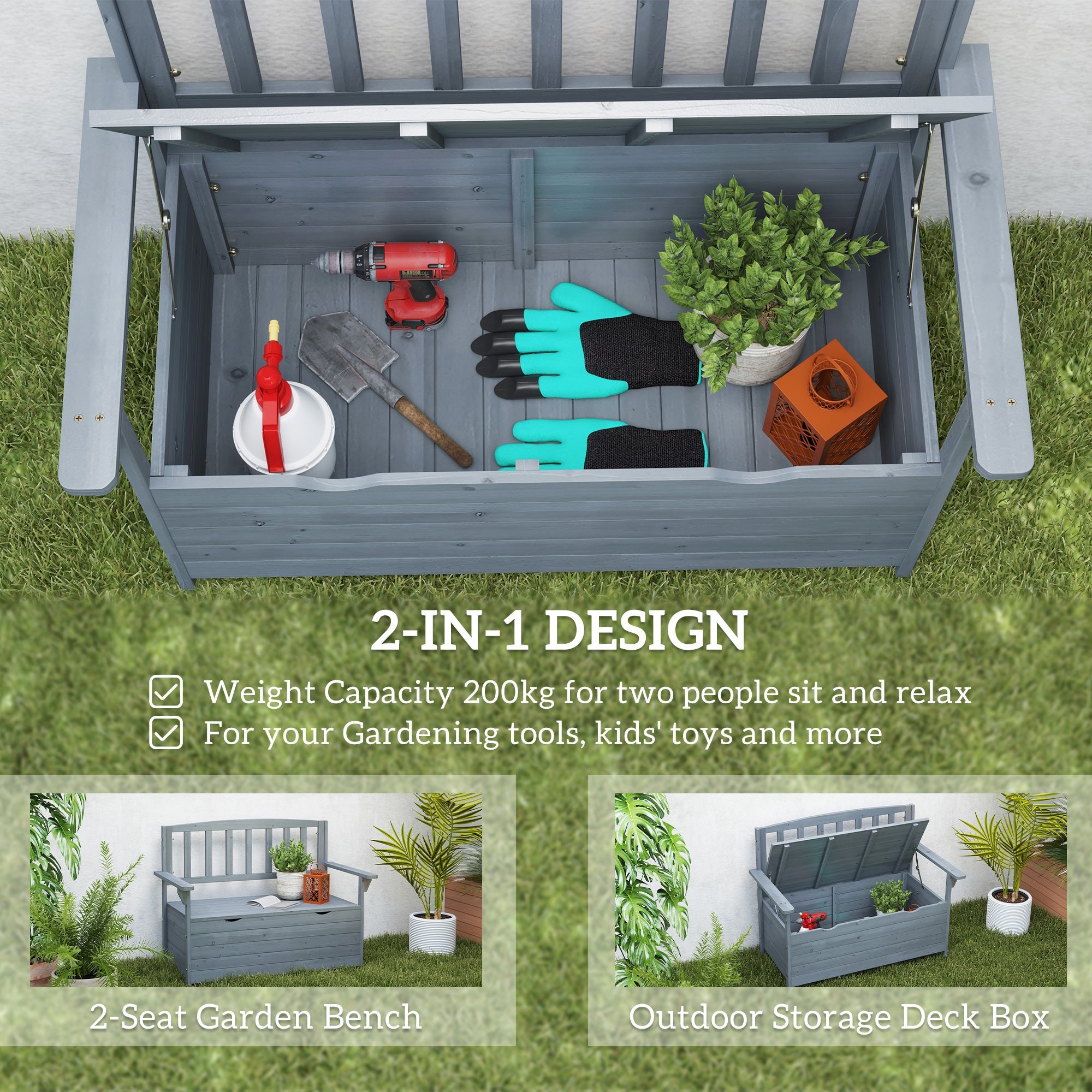 Outsunny Two-Seater Garden Storage Bench - Grey