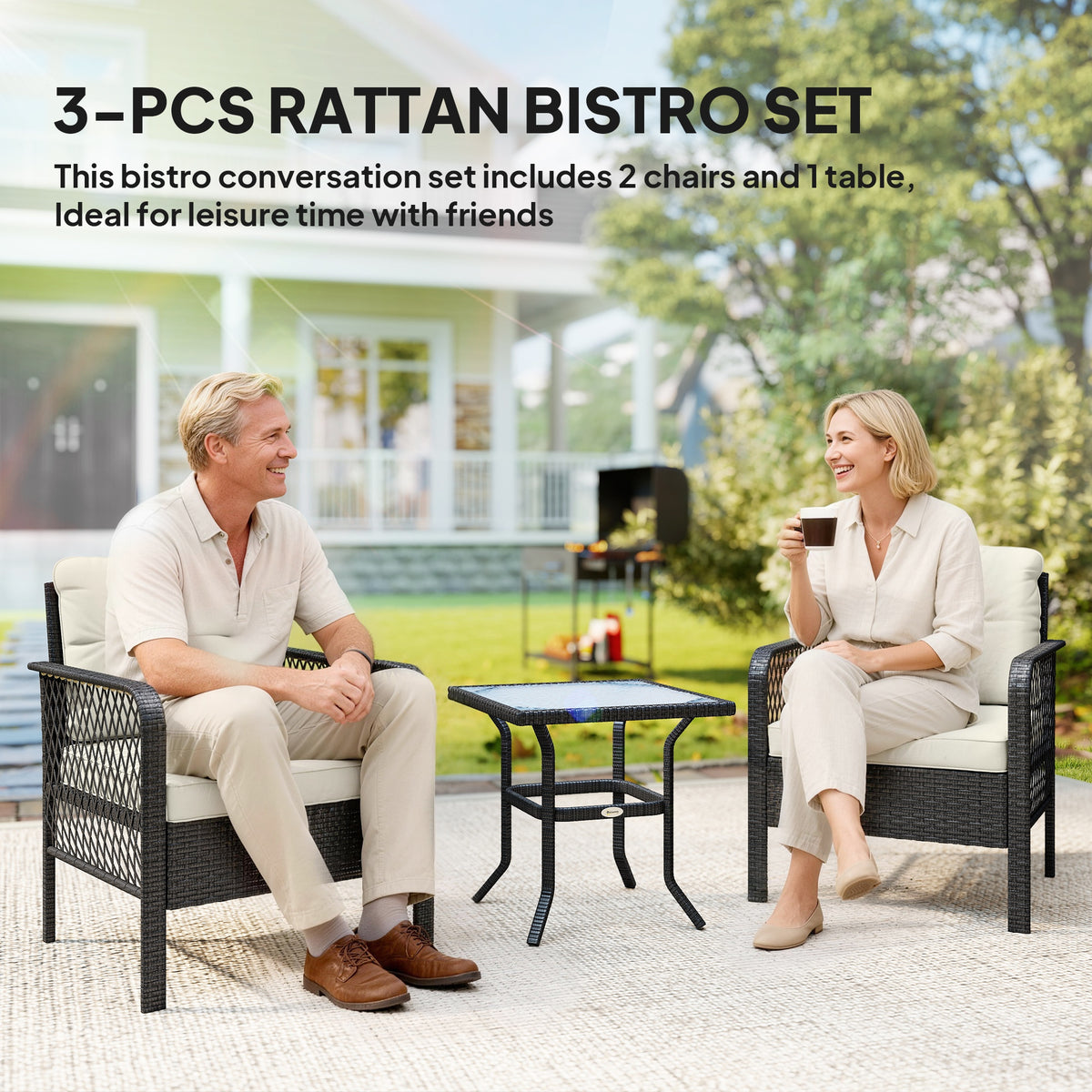 Outsunny 3 Pieces Rattan Bistro Set with Glass Top Coffee Table, Chairs and Cushions for Outdoor, Patio, Balcony, Cream