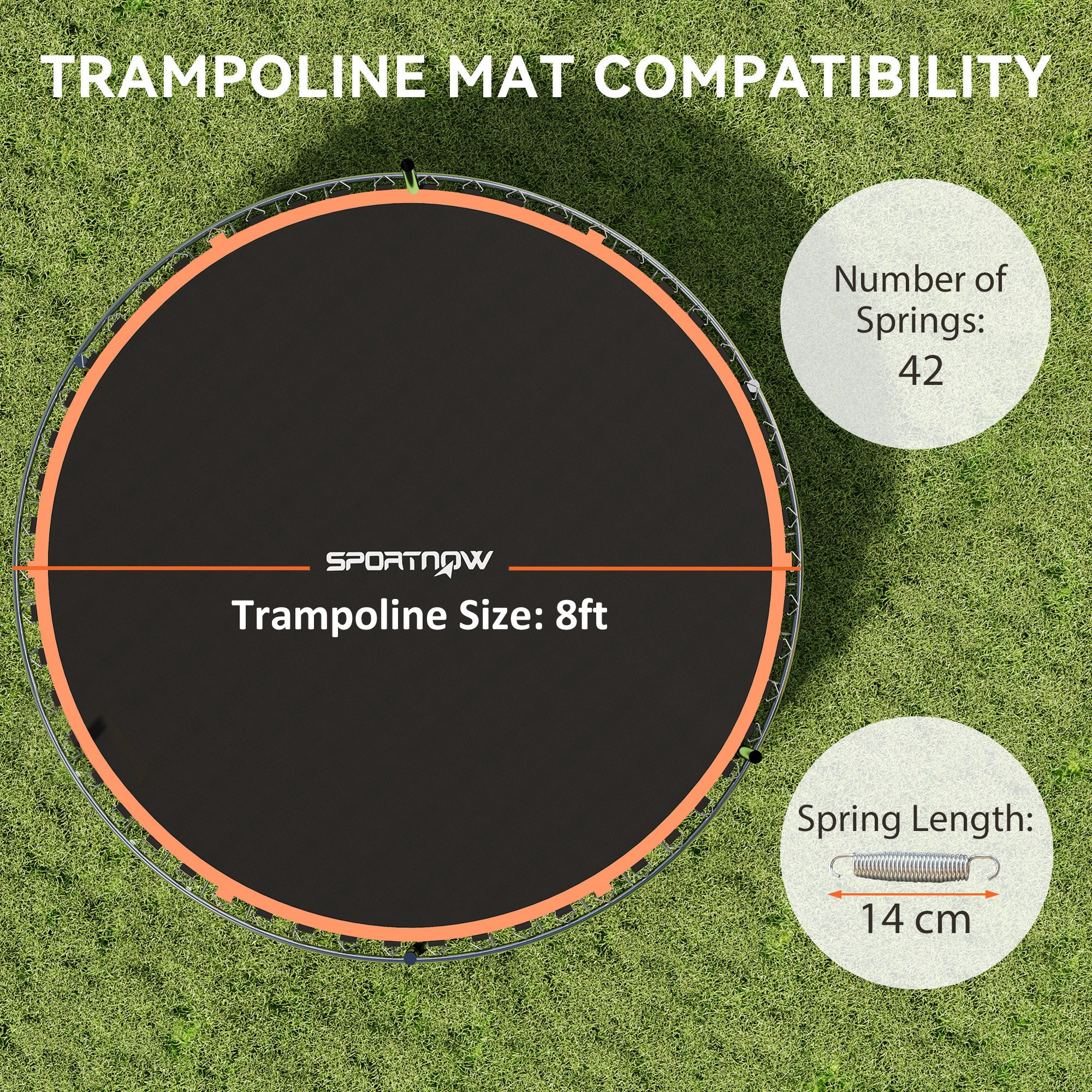 SPORTNOW Trampoline Replacement Mat with Spring Pull Tool, 42 V-Hooks, for 8ft Trampoline using 14cm Springs, Orange