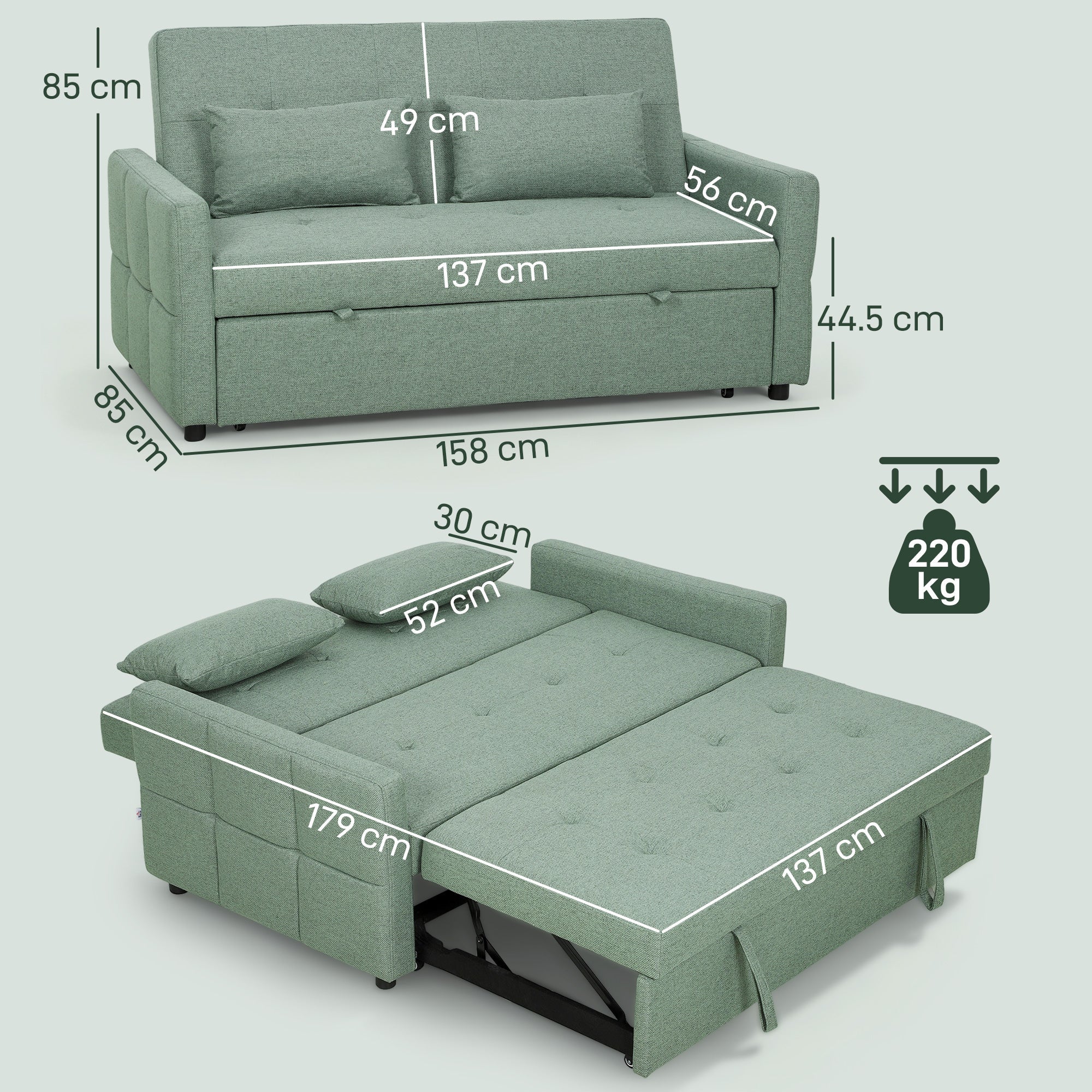 HOMCOM Three-Way Two-Seater Sofa Bed - Green