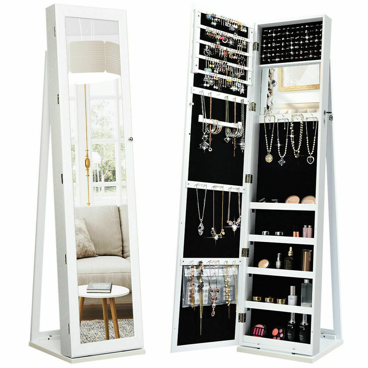 3-in-1 360¬∞ Swivel Mirrored Jewelry Armoire with Display Shelves-White