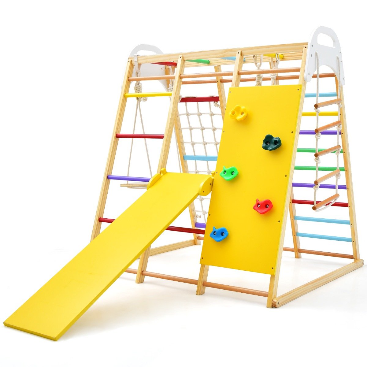 8-in-1 Jungle Gym Playset Wooden Climber Play Set with Monkey Bars-Colourful