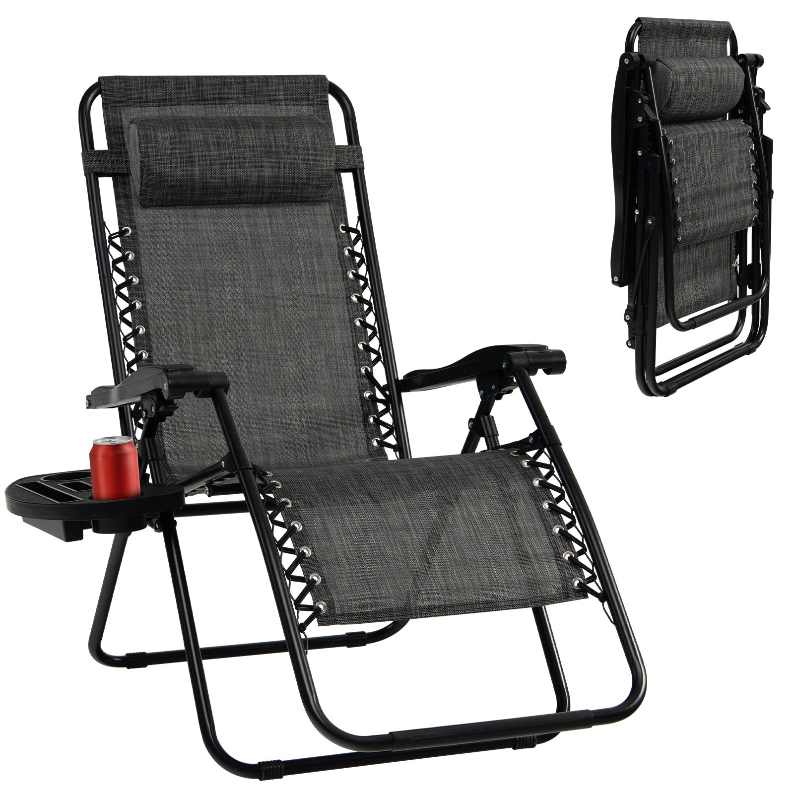 Folding Patio Recliners with Removable Headrest and Cup Holder-Grey