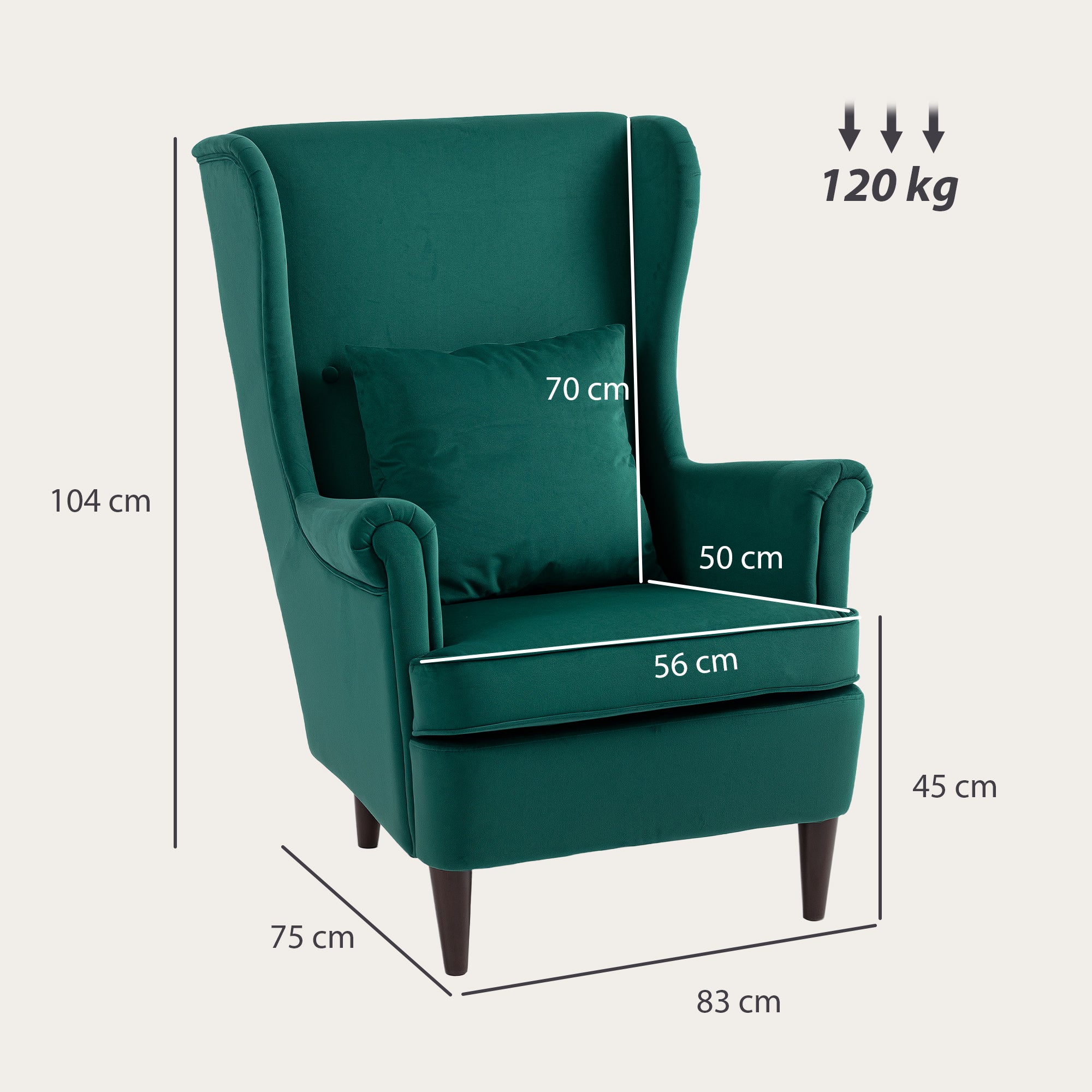 HOMCOM Modern Accent Chair, Upholstered Wingback Armchair with High Backrest and Pillow, Velvet-Feel Fabric Reading Chair with Solid Wood Legs for Living Room, Bedroom, Home Office, Dark Green
