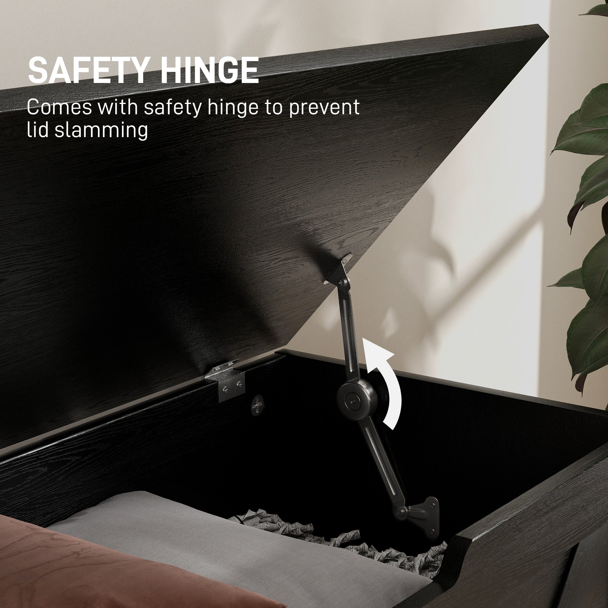 HOMCOM 100L Home Storage Box, with Safety Hinges - Black Wood-Effect