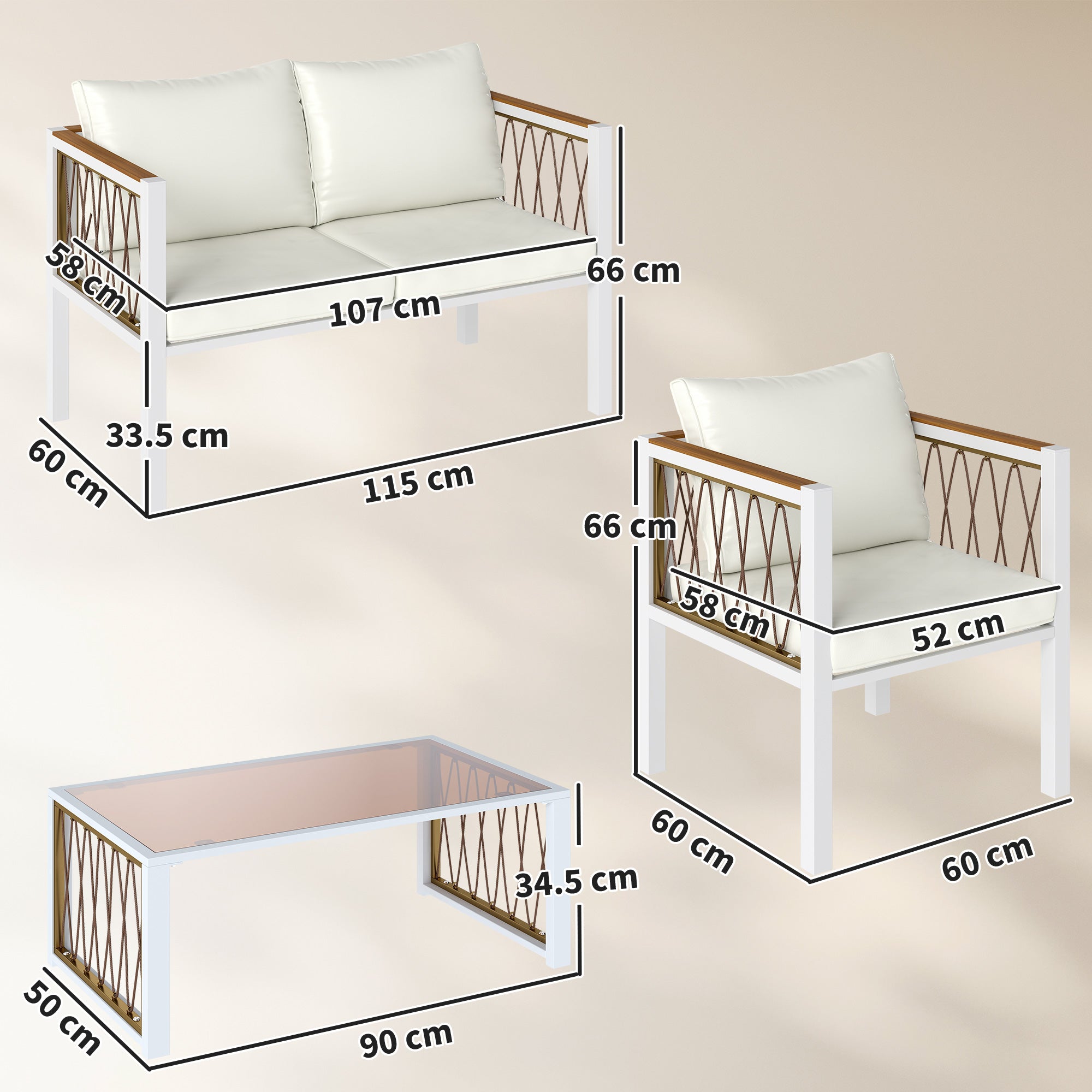 Outsunny 4 Piece Rattan Garden Furniture Set with Loveseat, 2 Armchairs, Table, Metal Frame Patio Conversation Set, Cream White