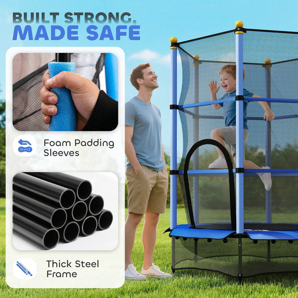 HOMCOM 4.6FT/55" Kids Trampoline with Safety Enclosure, Outdoor Indoor Use, for Ages 3-10 Years, Blue