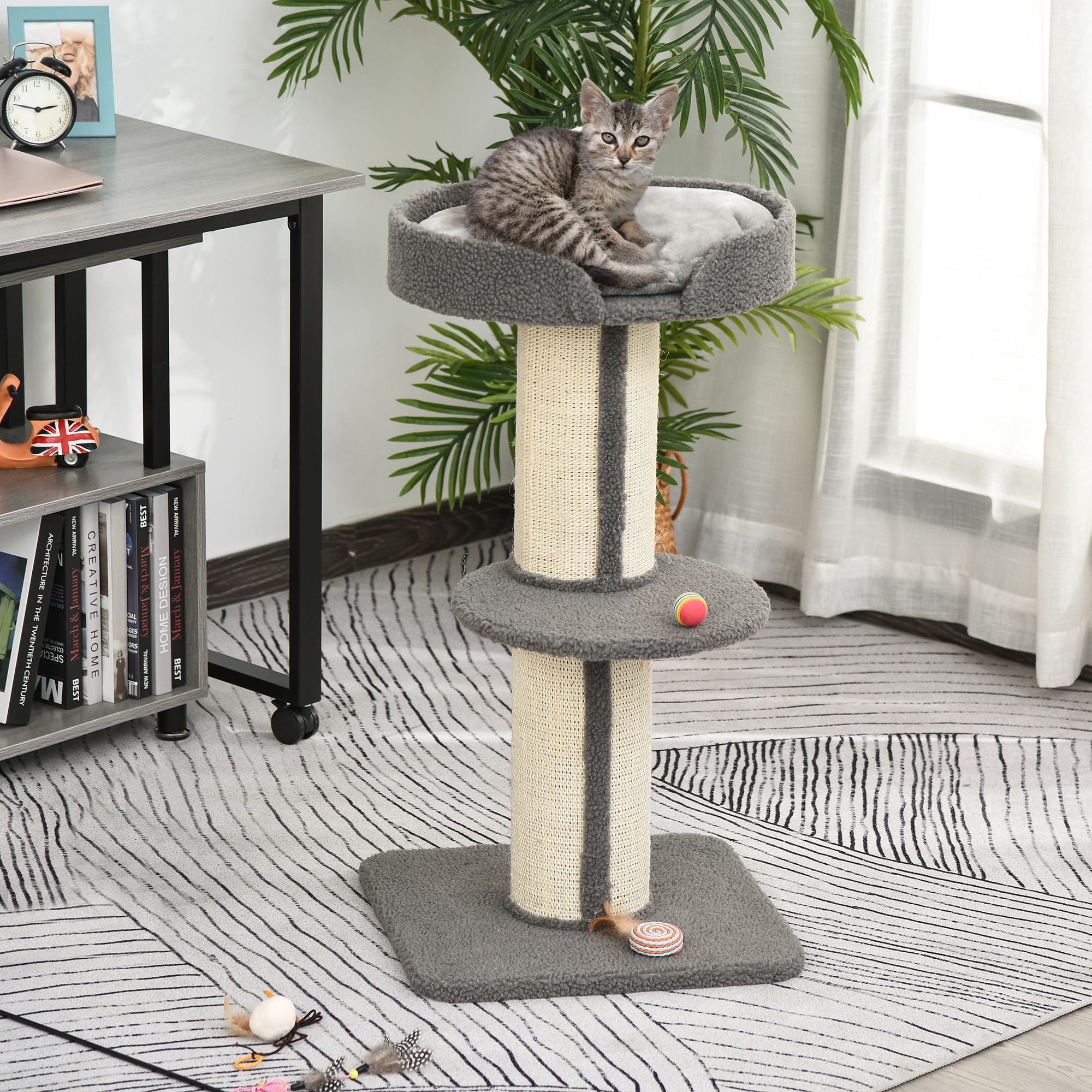 PawHut 91cm Cat Tower Scratching Posts Cat Tree for Indoor Kittens Activity Centre Grey