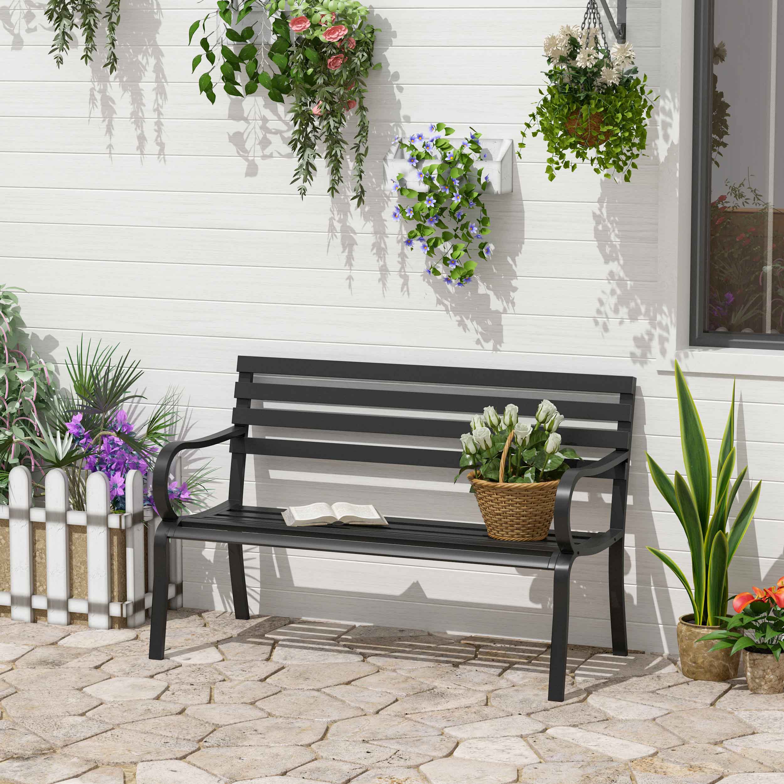 Outsunny Stylish 2 Seater Metal Garden Porch Chair Bench Stable Patio Outdoor Park Metal Bench - Black