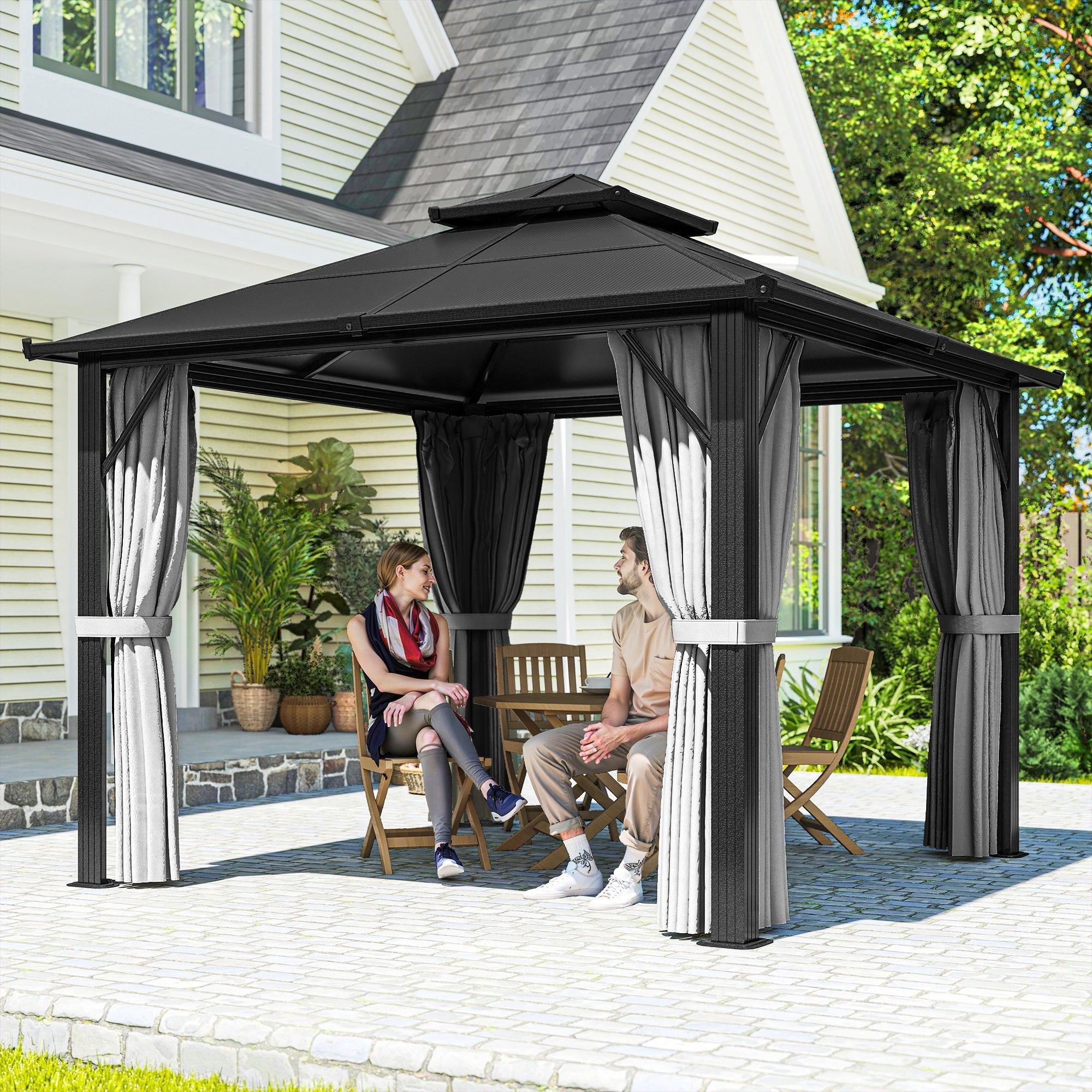 Outsunny 3 x 3(m) Hardtop Gazebo Canopy with UPF30+ Double Polycarbonate Roof, Aluminium Frame Garden Gazebo Permanent Pavilion with Mosquito Netting and Curtains for Patio, Deck, Grey