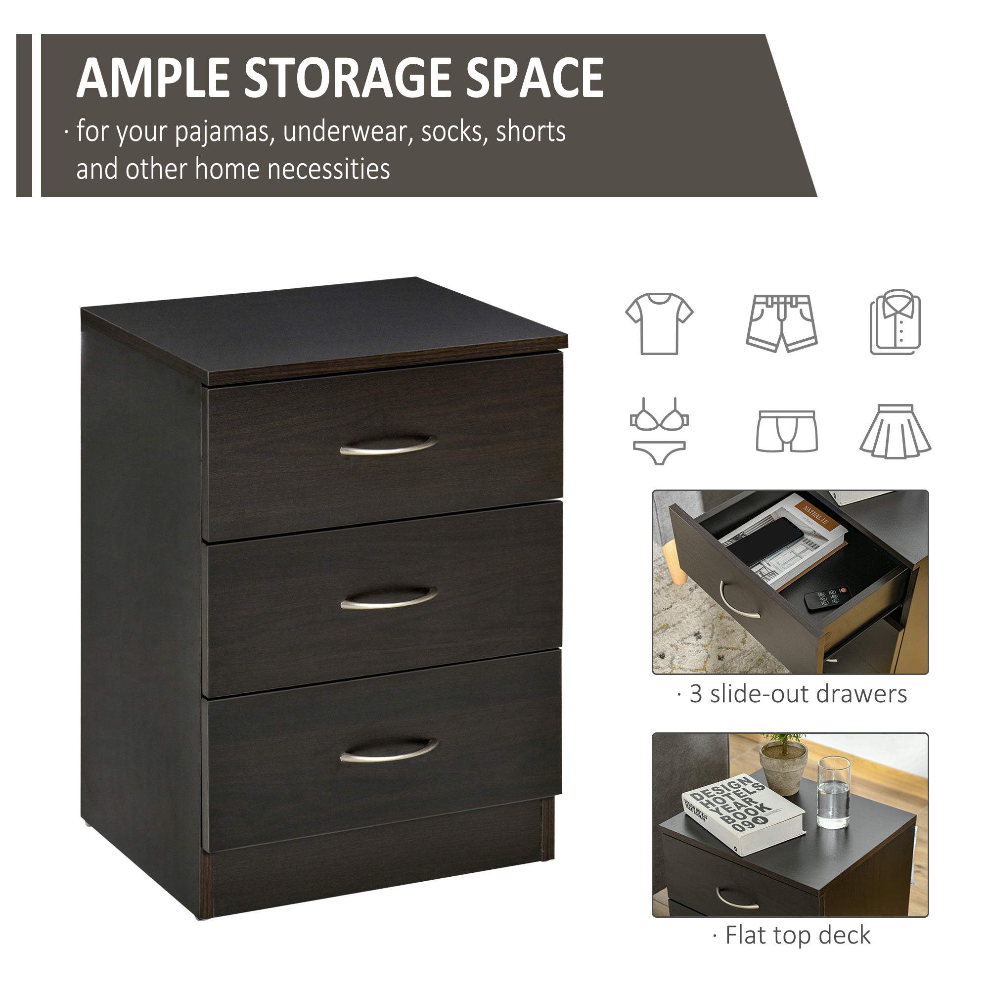 HOMCOM Bedside Cabinet with Drawer and Shelf, White Bedside Table for Bedroom, Living Room, Nightstand Side Table with Metal Rail Set of 2