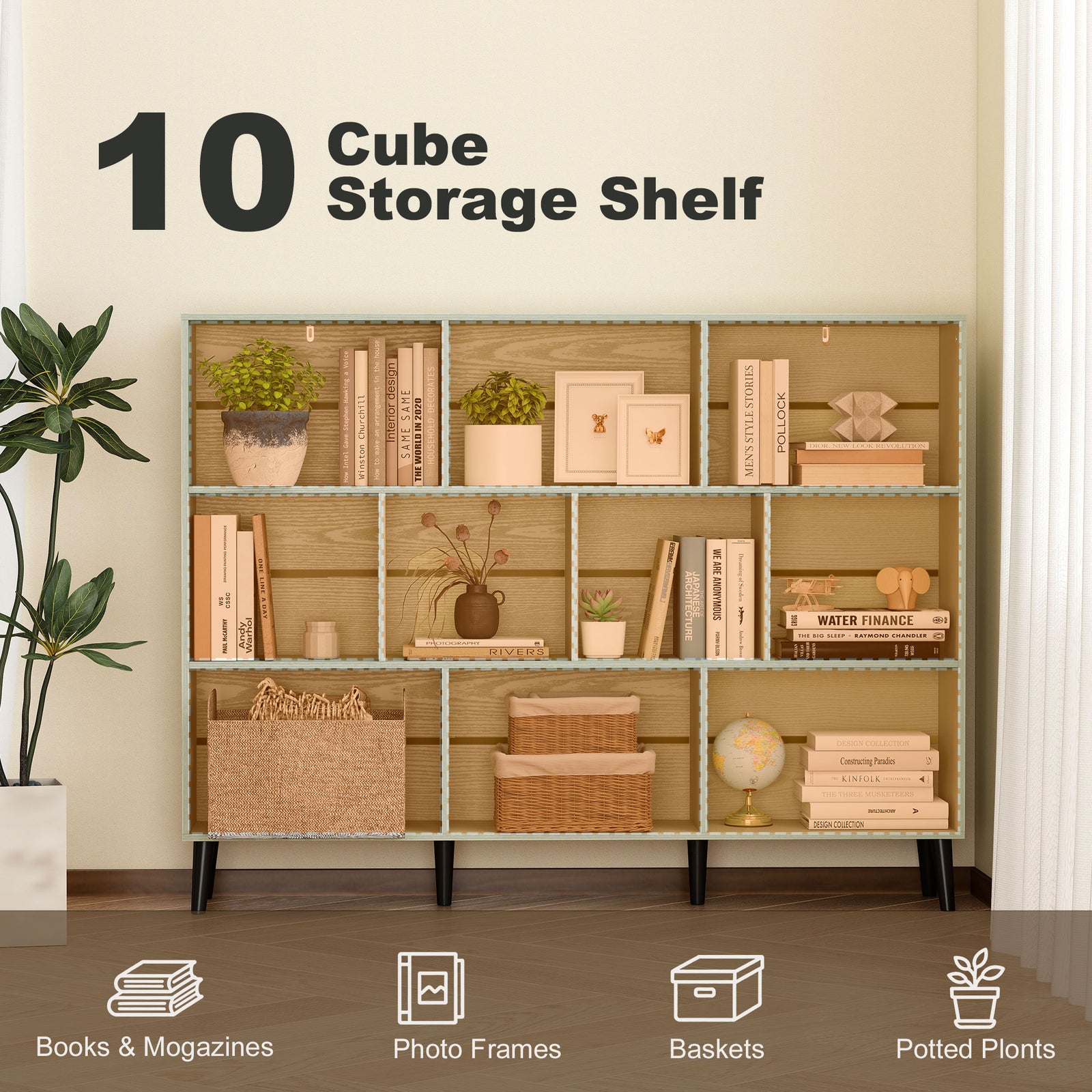 HOMCOM 10-Cube Bookcase, 3-Tier Book Shelf with Solid Wood Legs, 140 cm Modern Bookshelf with Anti-Tip Kit, Light Green
