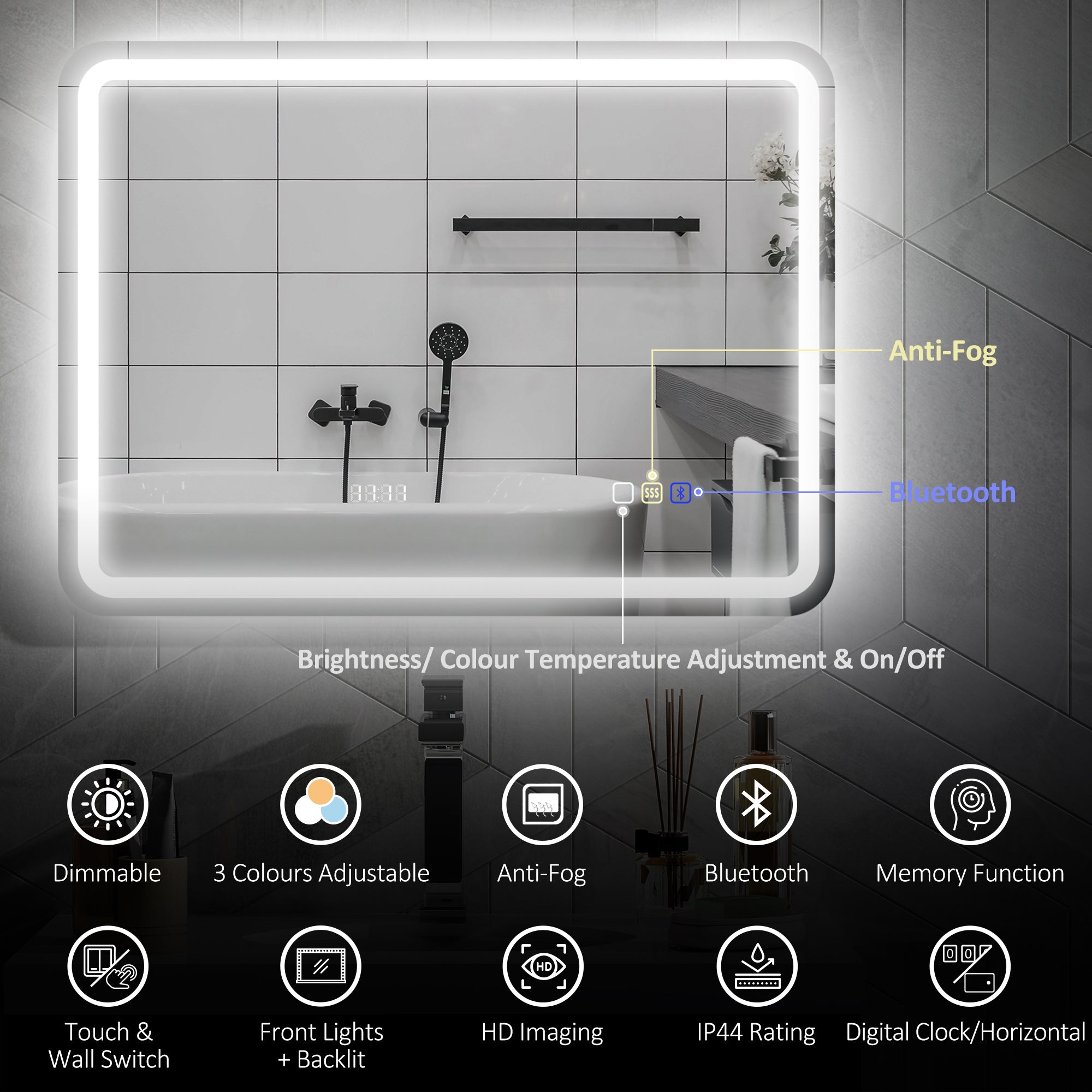 HOMCOM 80 x 60 cm Bluetooth Bathroom Mirror - Silver-Tone