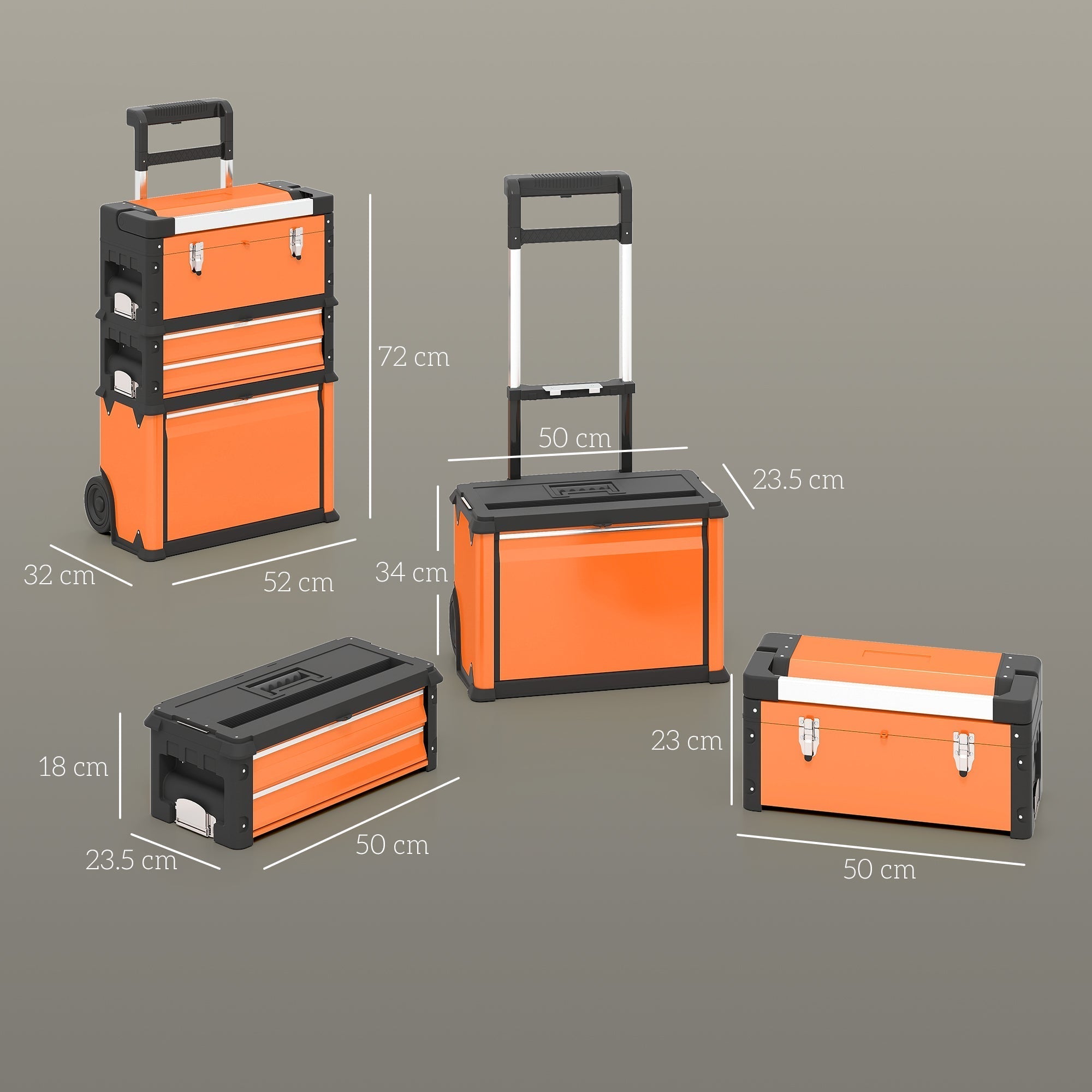 HOMCOM 3-in-1 Stackable Rolling Tool Box - Orange